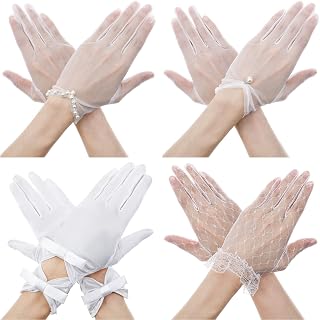 4 Pairs White Lace Gloves, White Glove in 4 Styles Suited for Wedding, Opera, Costume, Tea Party Gloves for Women, Elegant Vintage Short Satin Glove
