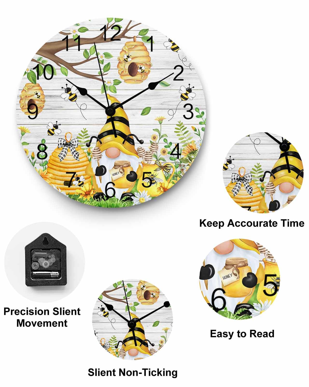 Horloge murale en PVC silencieuse, sans tic-tac, fonctionnant à piles, motif tournesol, marguerite, grain de bois, horloge ronde pour maison, salon, cuisine, chambre à coucher, bureau, école