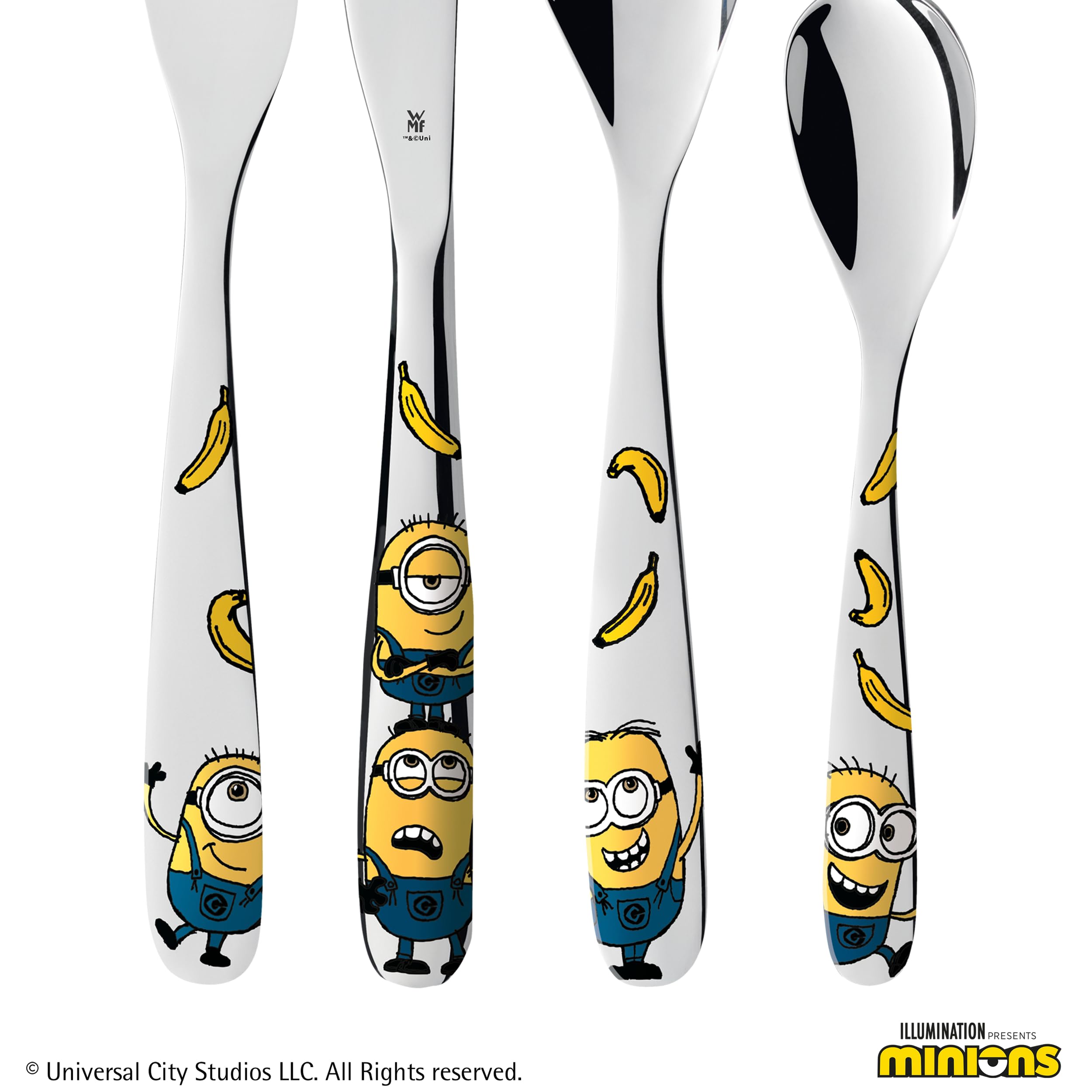 Posate per bambini WMF Minions con incisione del nome - bellissimo set di posate per bambini - regali di battesimo personalizzati con incisione - idee regalo per bambine e bambini dai 3 anni, 4 pezzi