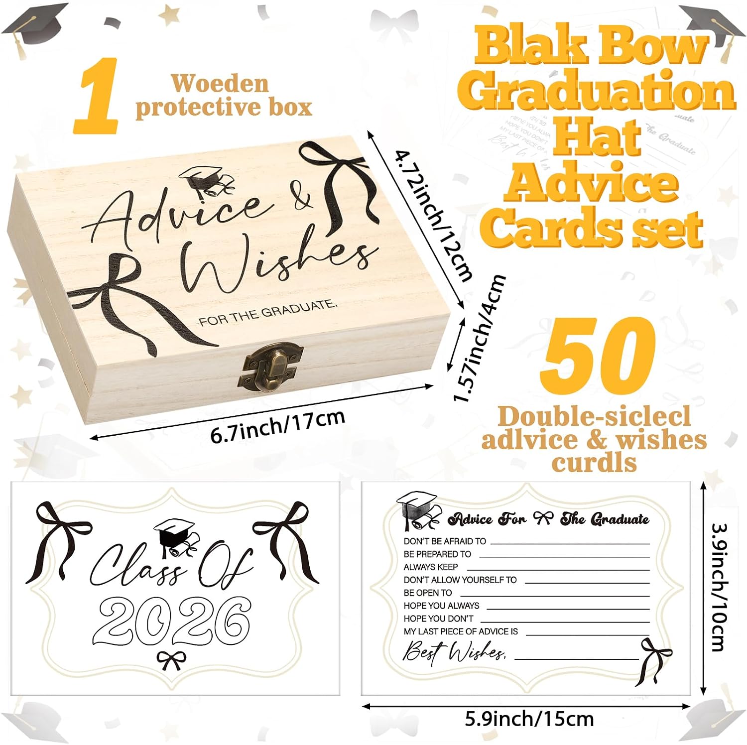 50 Pcs Black Bow Graduation Advice & Wishes Cards with Wooden Box, Class of 2026 Grad Party Supplies, Guest Book Alternative, Double Sided Cards Games Party Favors for High School College University
