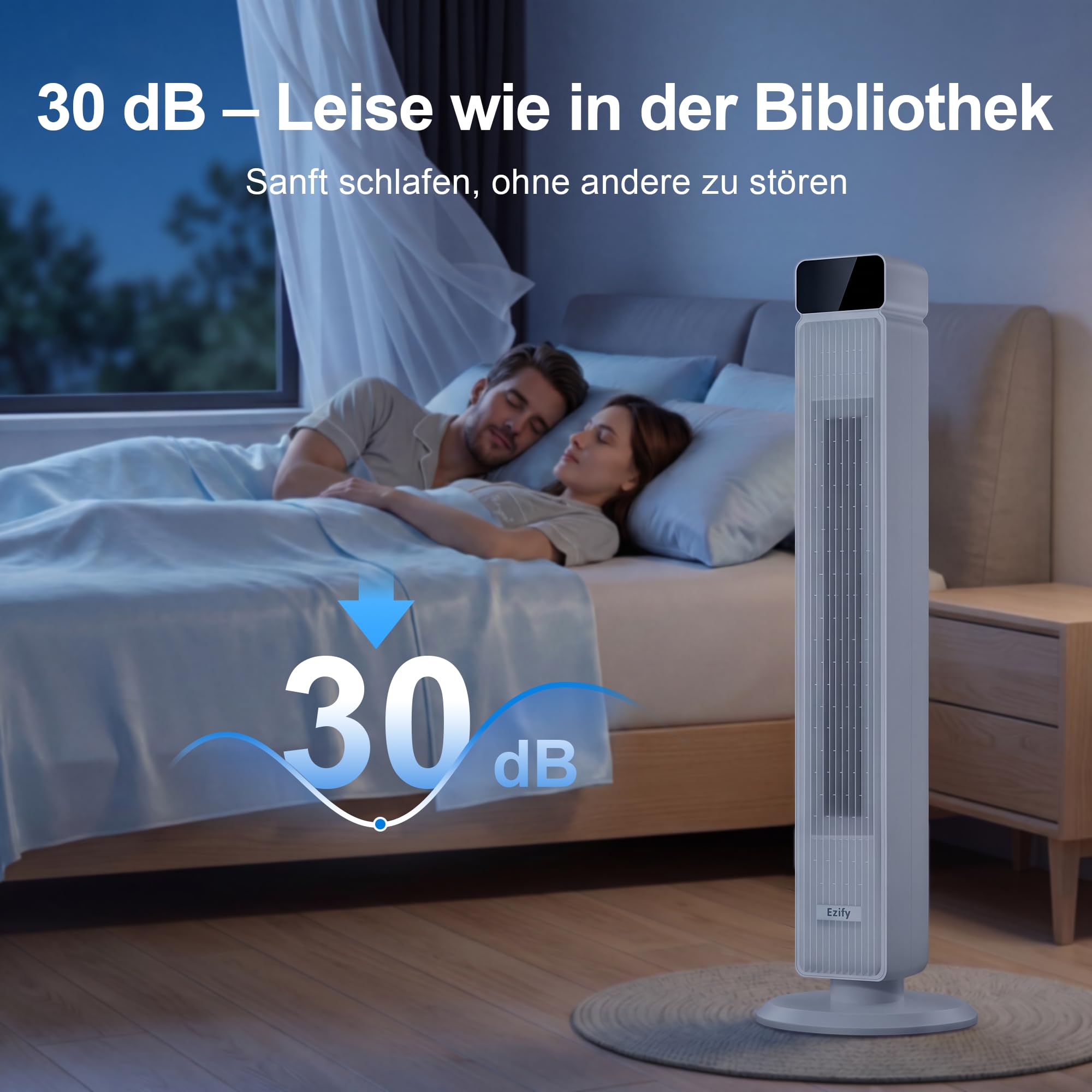 Turmventilator Sehr Leise, 7,3 m/s Starkwind & 30 dB Nachtmodus Ventilator Leise, 90° Oszillation, 6 Stufen, 12H Timer, Standventilator mit fernbedienung für Schlafzimmer, Büro