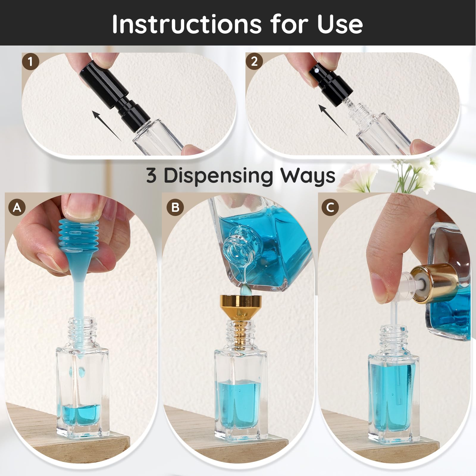 Segbeauty Glaszerstäuber für Parfüm, leere Mini-Reise-Parfümflasche, nachfüllbar mit schwarzer Kappe, 5 ml, kleiner feiner Nebel, Glas, Reise-Kölner-Zerstäuber für Herren, mit Dekanter-Set, 40 Stück