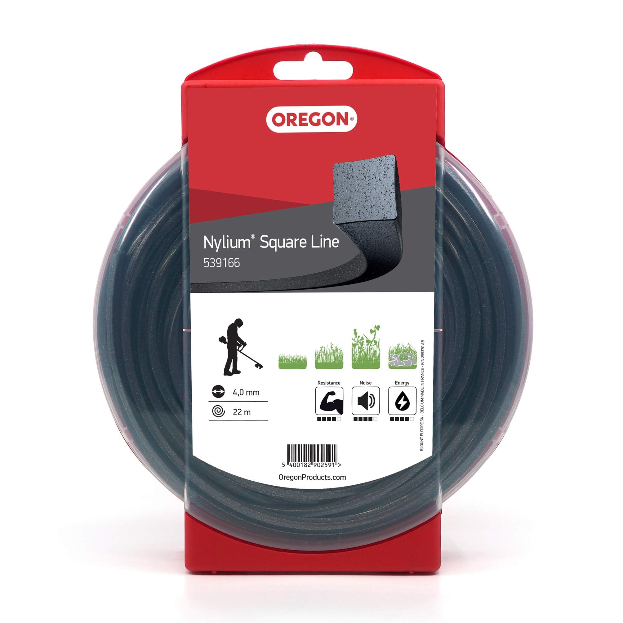 Oregon Hilo Cuadrado de Corte para Desbrozadora 4mm, Hierba, Maleza, Vegetación y más, Hilo de Nylon de Gran Resistencia, Compatible con la Mayoría de Modelos Estándar, 4.0mm x 22m (539166)