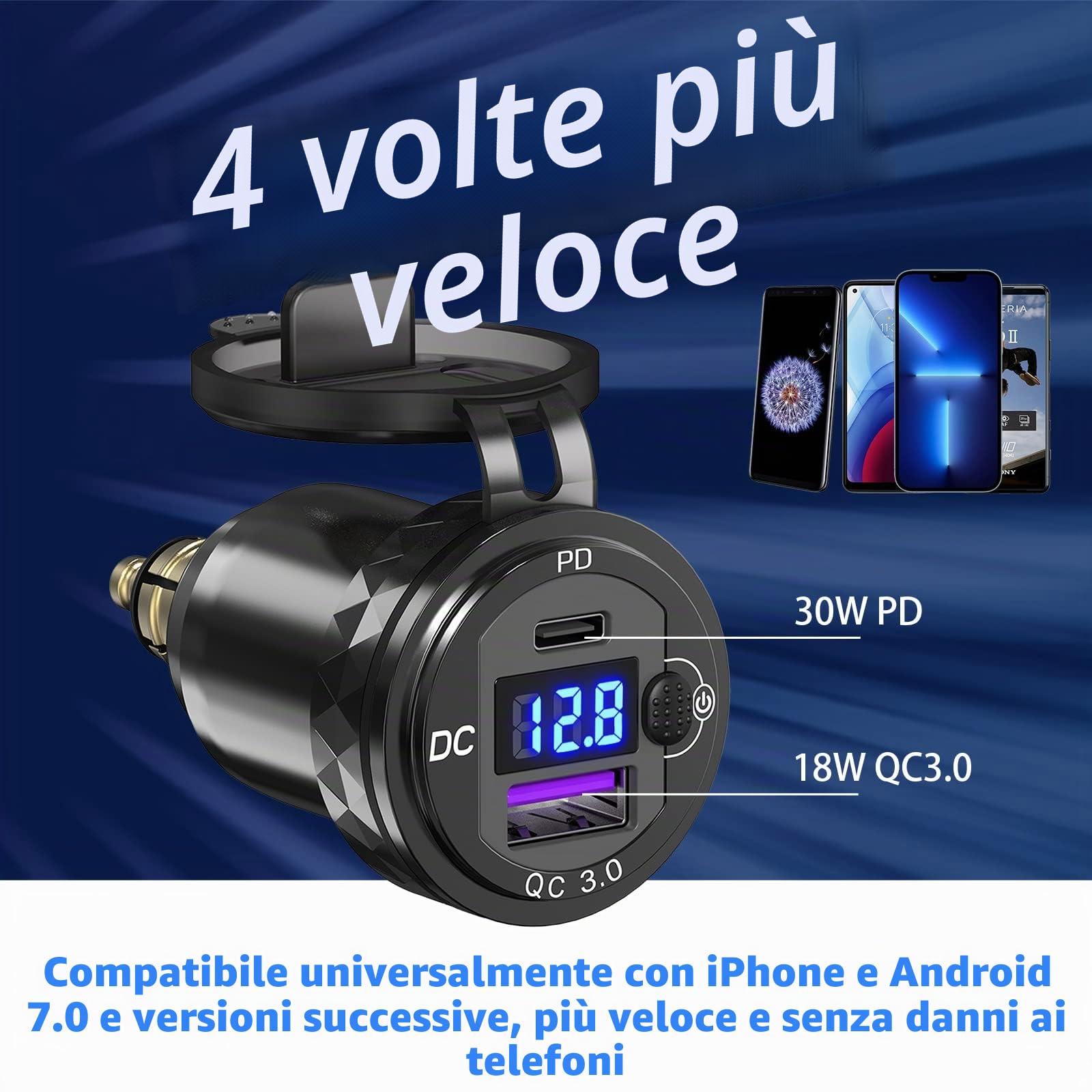 Presa DIN a USB C Caricabatterie per Moto: Qidoe Metallo Dual Porte QC3.0 e PD3.0 Adattatore Din Hella a USB con Voltmetro Interruttore per 12-24 V Motocicli Europei Ducati/Triumph/BMW