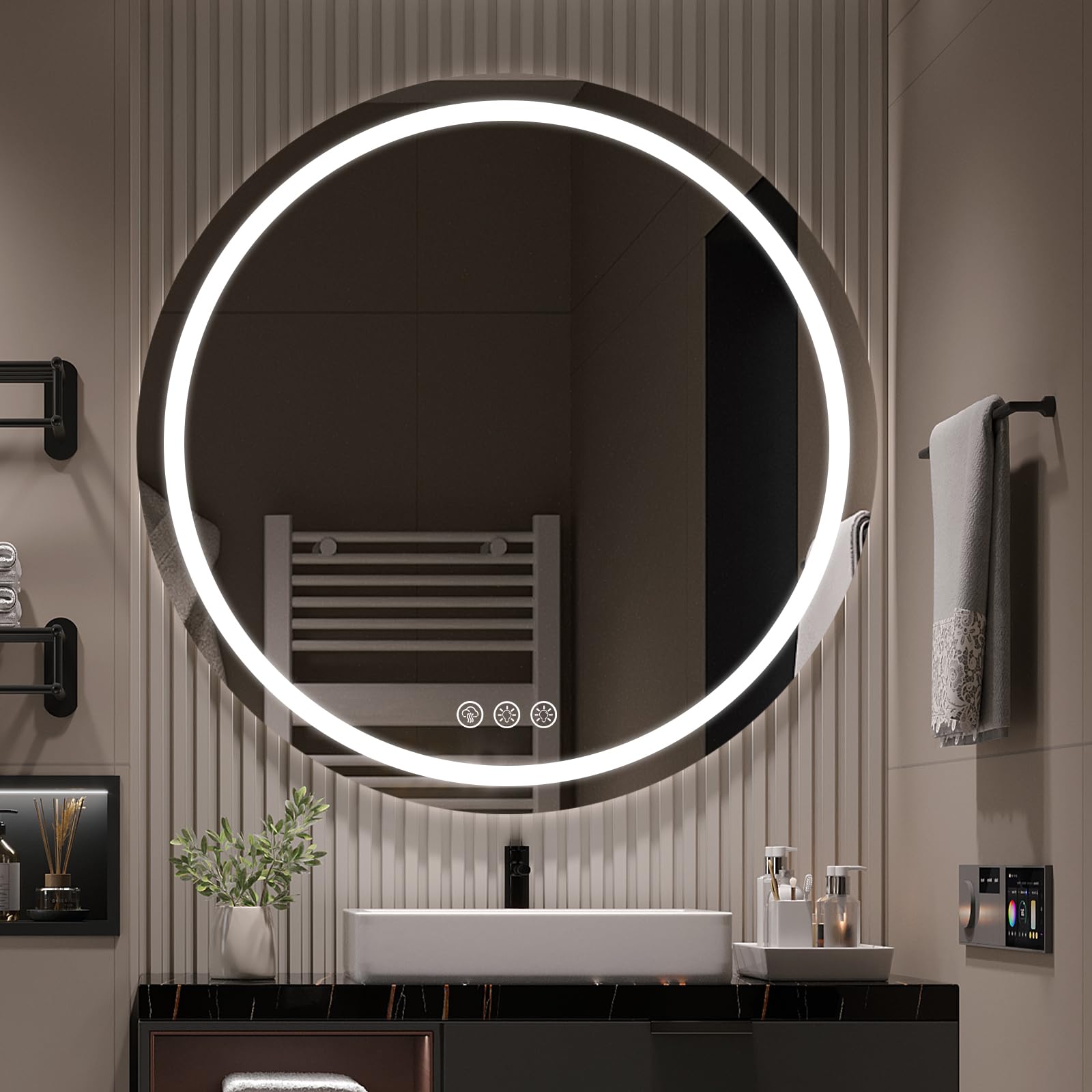 Ratsamee 70cm Specchio Bagno Rotondo con Luce, 3 Colori Dimmerabili, Antiappannamento, Memoria, Touch Control, Montaggio a Parete – Specchio Trucco con Illuminazione