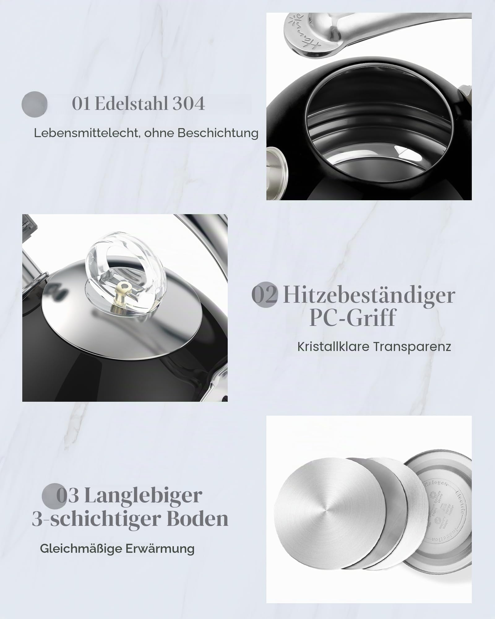 Harriet Teekessel, 2,5 QT Pfeifende Edelstahl-Teekanne, 3-lagiger Boden, einzigartiger ergonomischer Griff, inklusive Topflappen und Matte, Elektro-/Induktions-/Gasherde, Schwarz