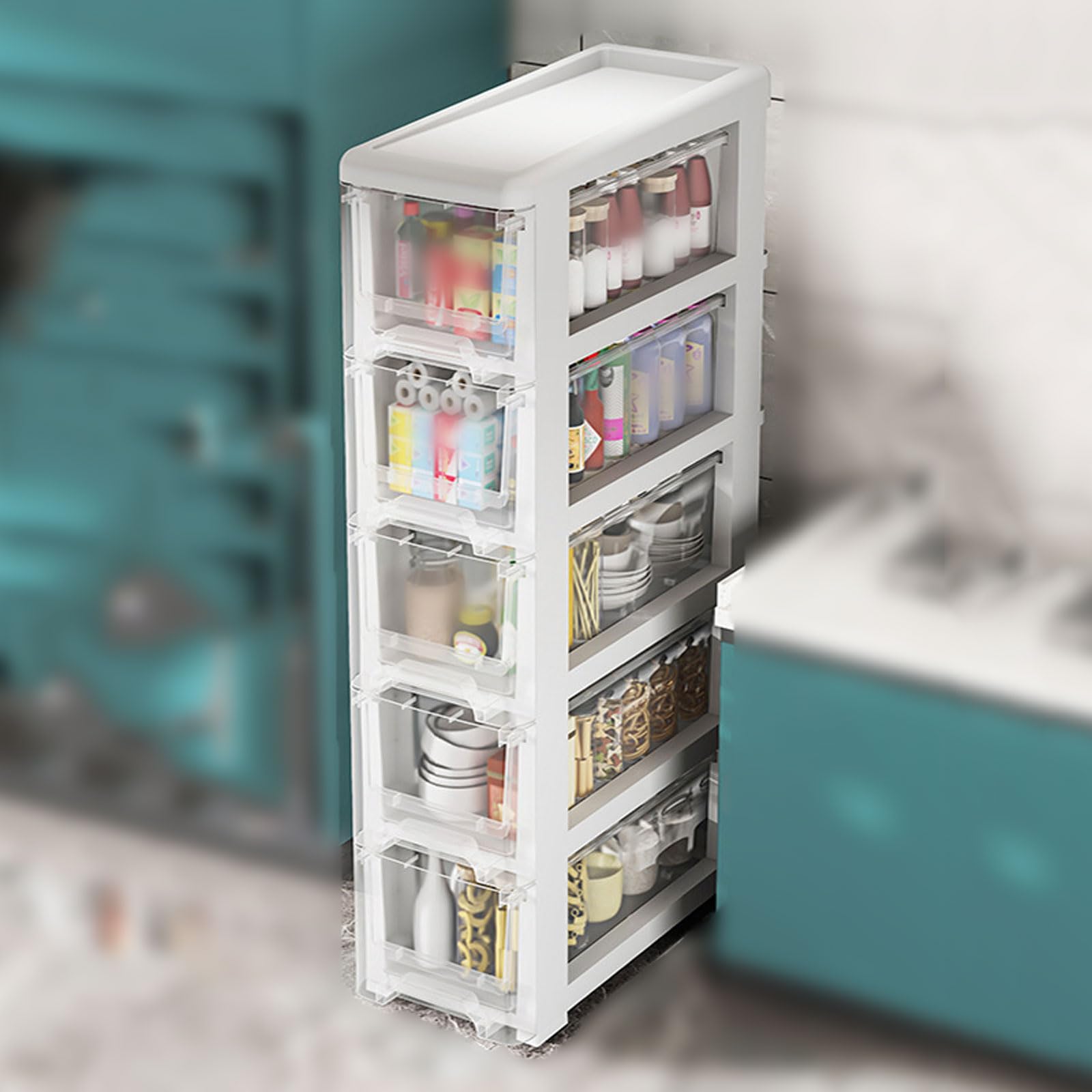 YDkjwjw Slim Drawer Storage Cabinet Narrow Plastic Storage Tower with Clear Drawers and Wheels, Rolling Organize Unit for Bathroom Bedroom Office Utility Room