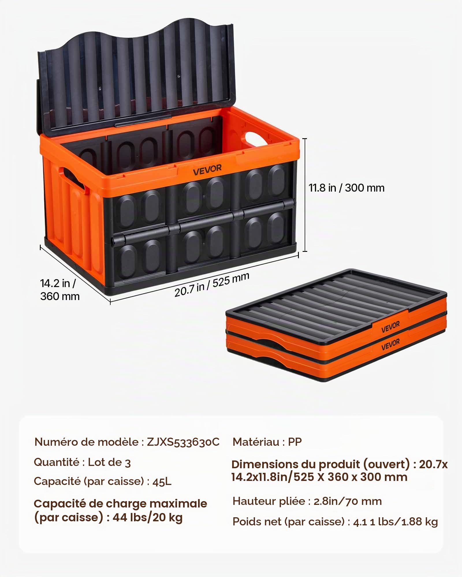 VEVOR Caisse Plastique Pliable avec Couvercle 45 L, Lot de 3, Bac de Rangement Pliable et Empilable avec Poignées, Charge Max. 20 kg par Caisse pour Maison, Camping, Voiture et Courses, Noir et Orange