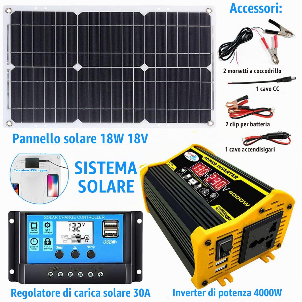 Kit Completo di Pannello Solare con Inverter da 400W/Regolatore di Carica Solare da 30A/Pannelli Solari da 18W, per Uso Esterno in Auto, Camper E Barche Black-220V