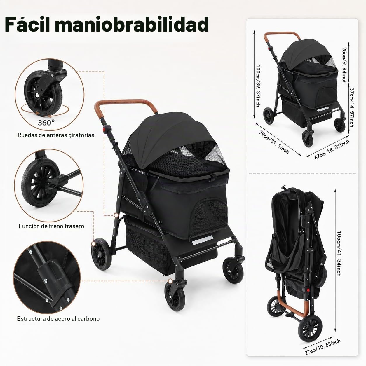 Cochecito para perros, plegable, hasta 15 kg, carrito para mascotas con ventanas de malla y freno, carrito plegable para gatos para perros pequeños y medianos