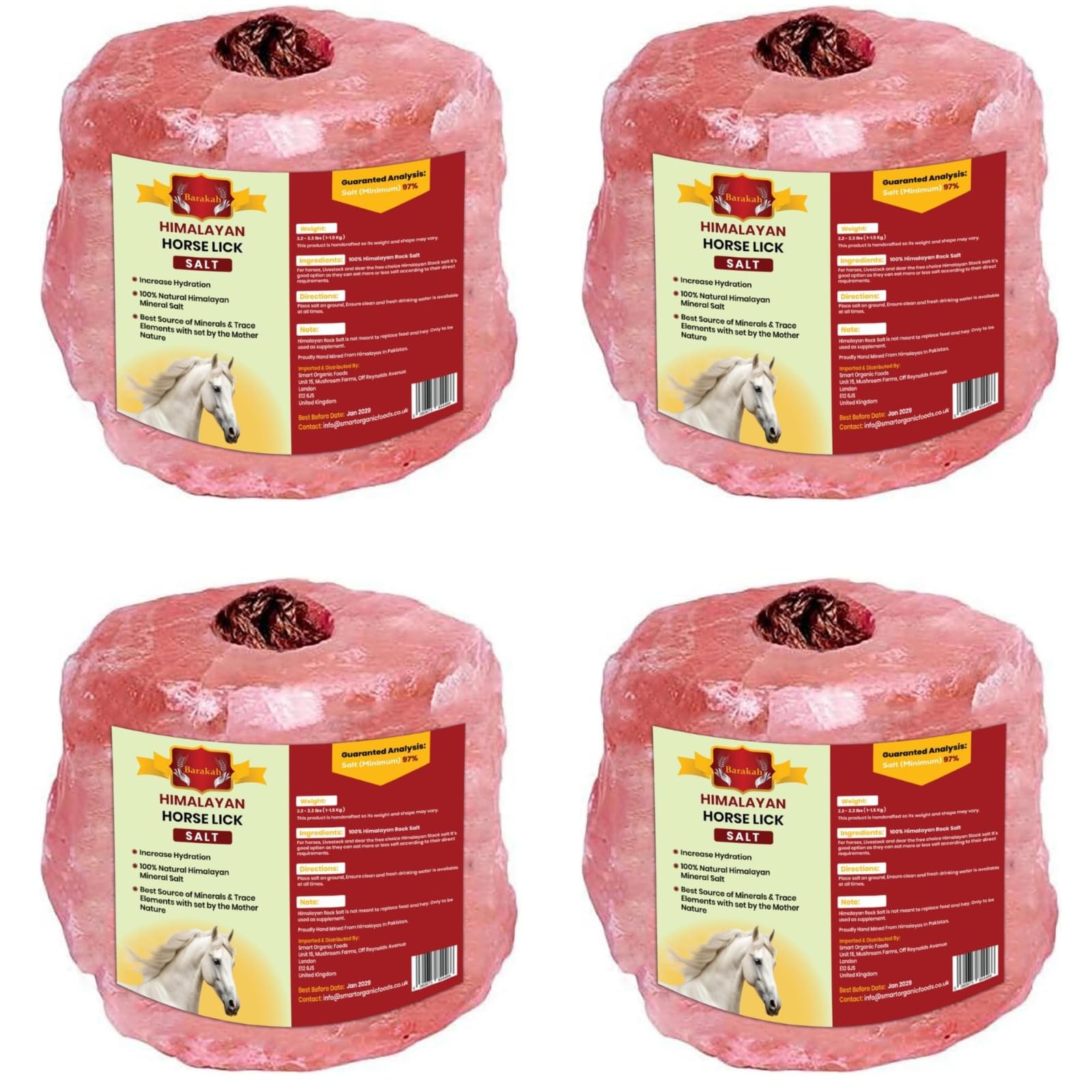Barakah Himalayan Lick Salt for Horses Pack of 4 | Natural Pink Rock Salt with Hanging Rope | Mineral Rich Horse Salt Licks | Approx. 1.5kg Each | Suitable for Horses, | Product of Pakistan