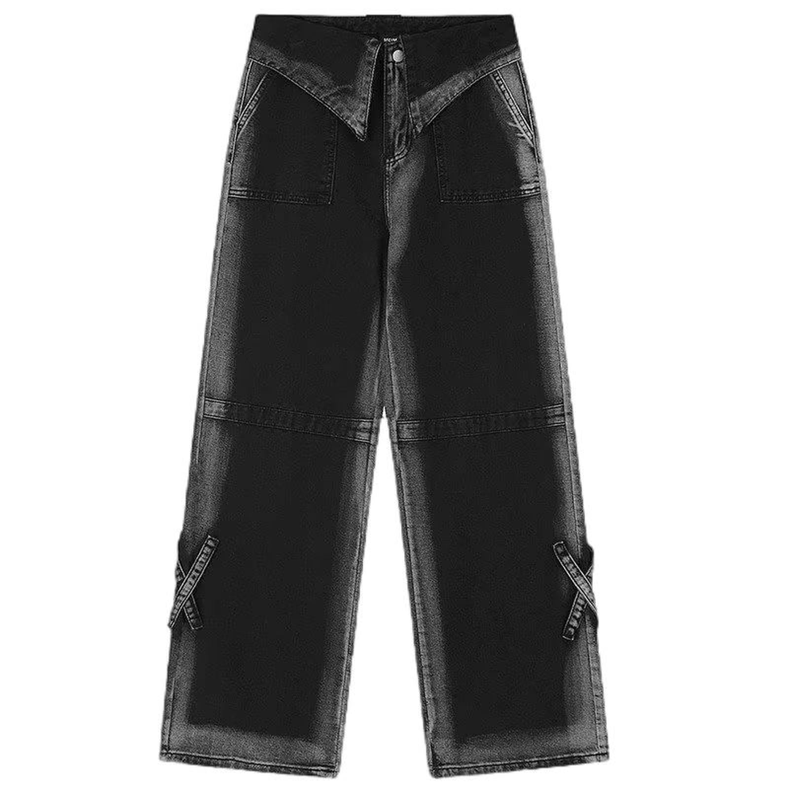 Jeans Neri Pantaloni Larghi Dritti da Uomo Pantaloni Casual da Donna-Nero-XXL