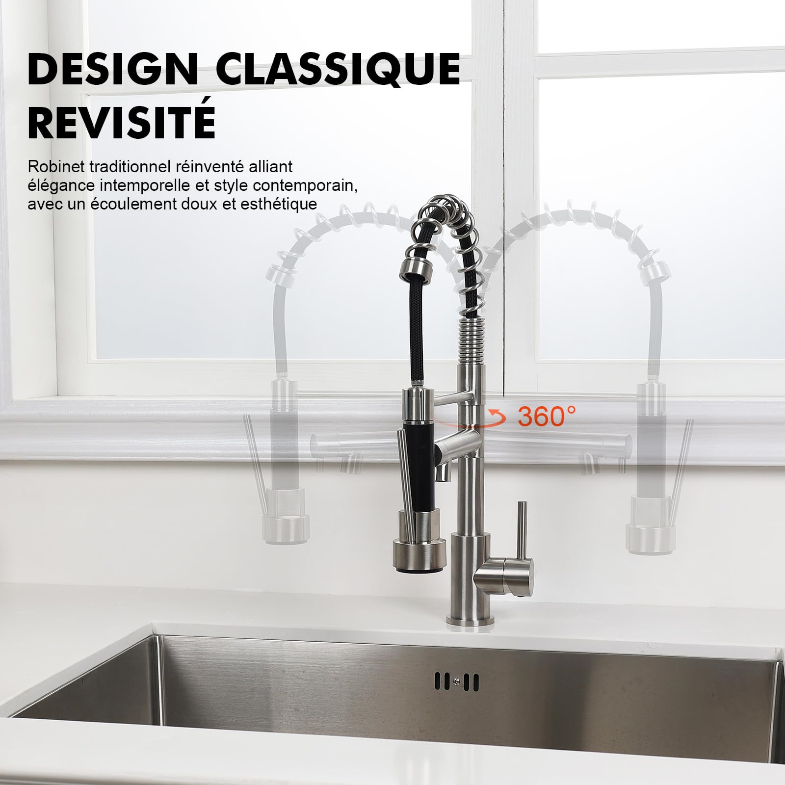 Ibergrif Mitigeur Robinet Cuisine avec Douchette 2 Jets 360° Pivotant, Double Bec Professionnel, Acier Inox