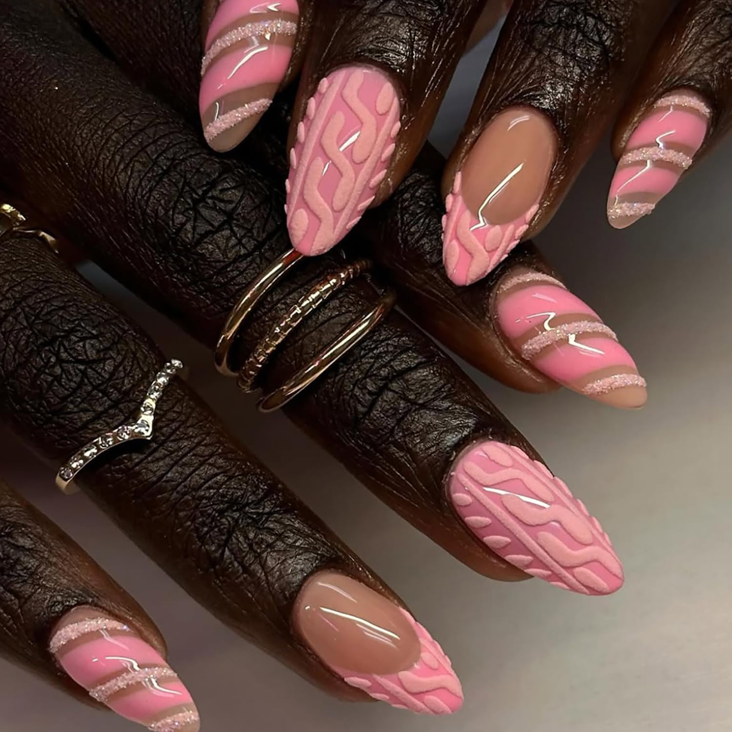 24pcs Pink Press on Nails Medium Almond Fake Nails with 3D Stripe Designs Glue on Nails Pink French Tip False Nails French Nail Supplies Glitter Full