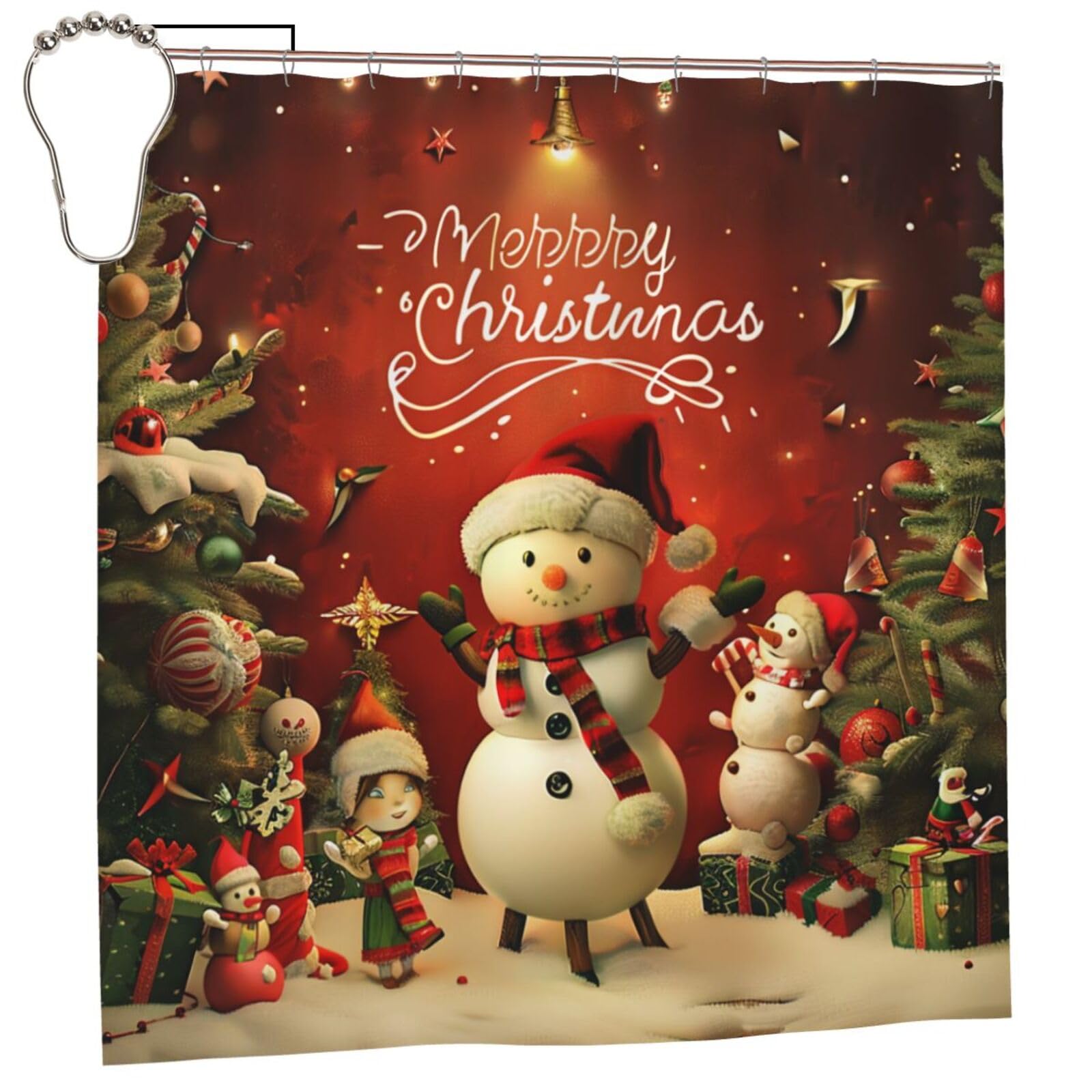 BWWHCCTI Merry Christmas Printed Shower Curtain With 12 Iron Hooks Opaque Quick Drying Waterproof Shower Curtains Sets For Bathroom 183x183 CM