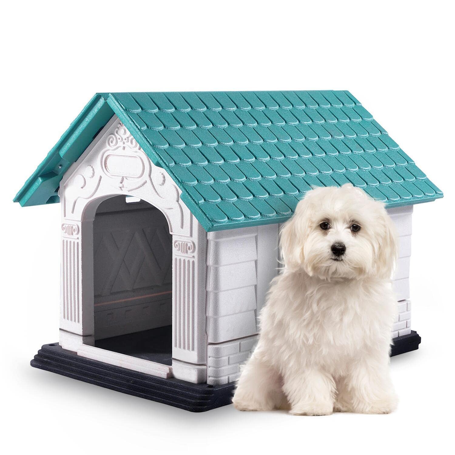 Nobleza Caseta para Perros de Plástico, Impermeable Perro Casa, Resistente A La Intemperie y Al Agua, con Tejado A Dos Aguas, Uso en Interior y Exterior (S 72x57x57.6 cm)