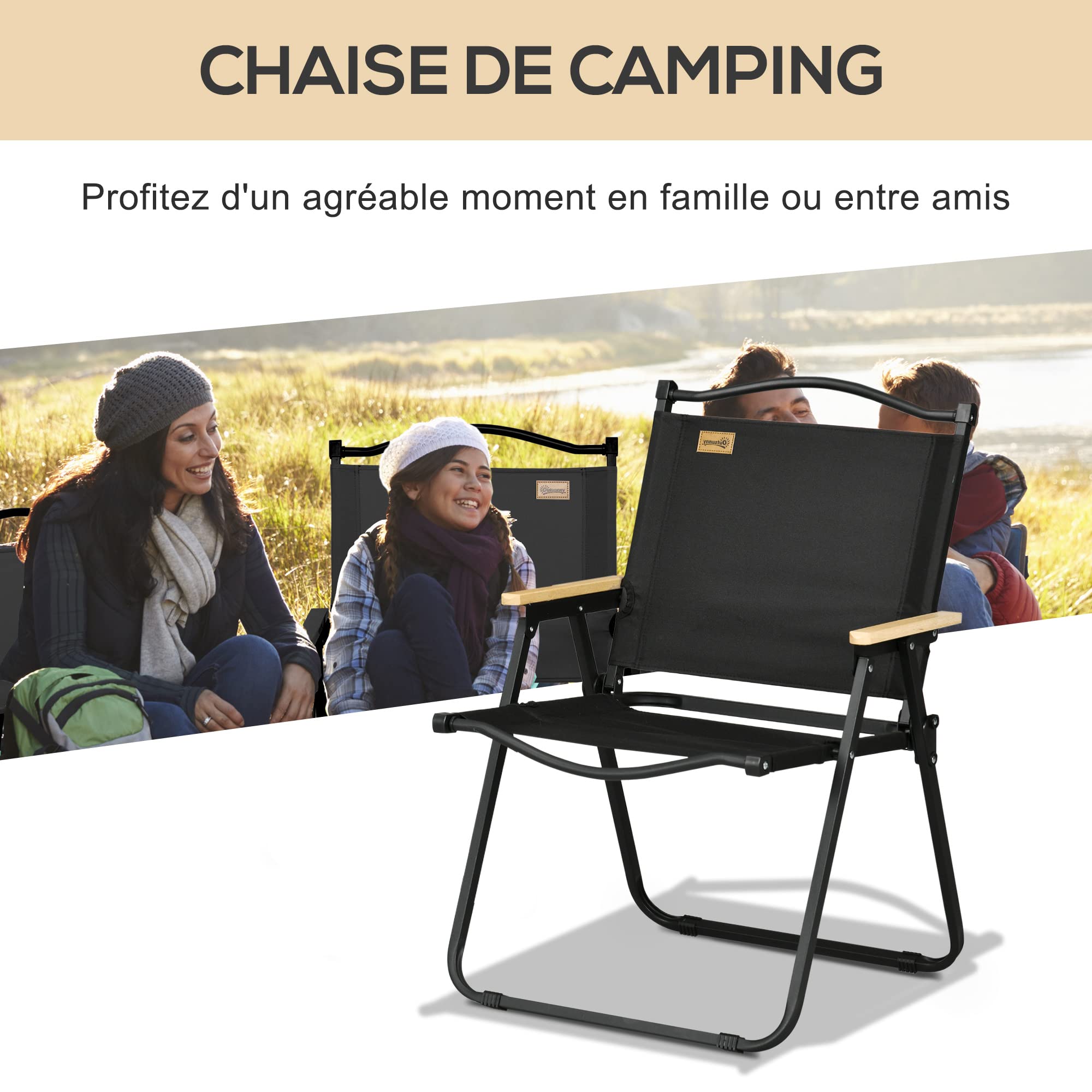 Outsunny Chaise de Camping Chaise de pêche Pliante avec accoudoirs - Tissu Oxford et Structure Acier - 54 x 59 x 78 cm - Noir