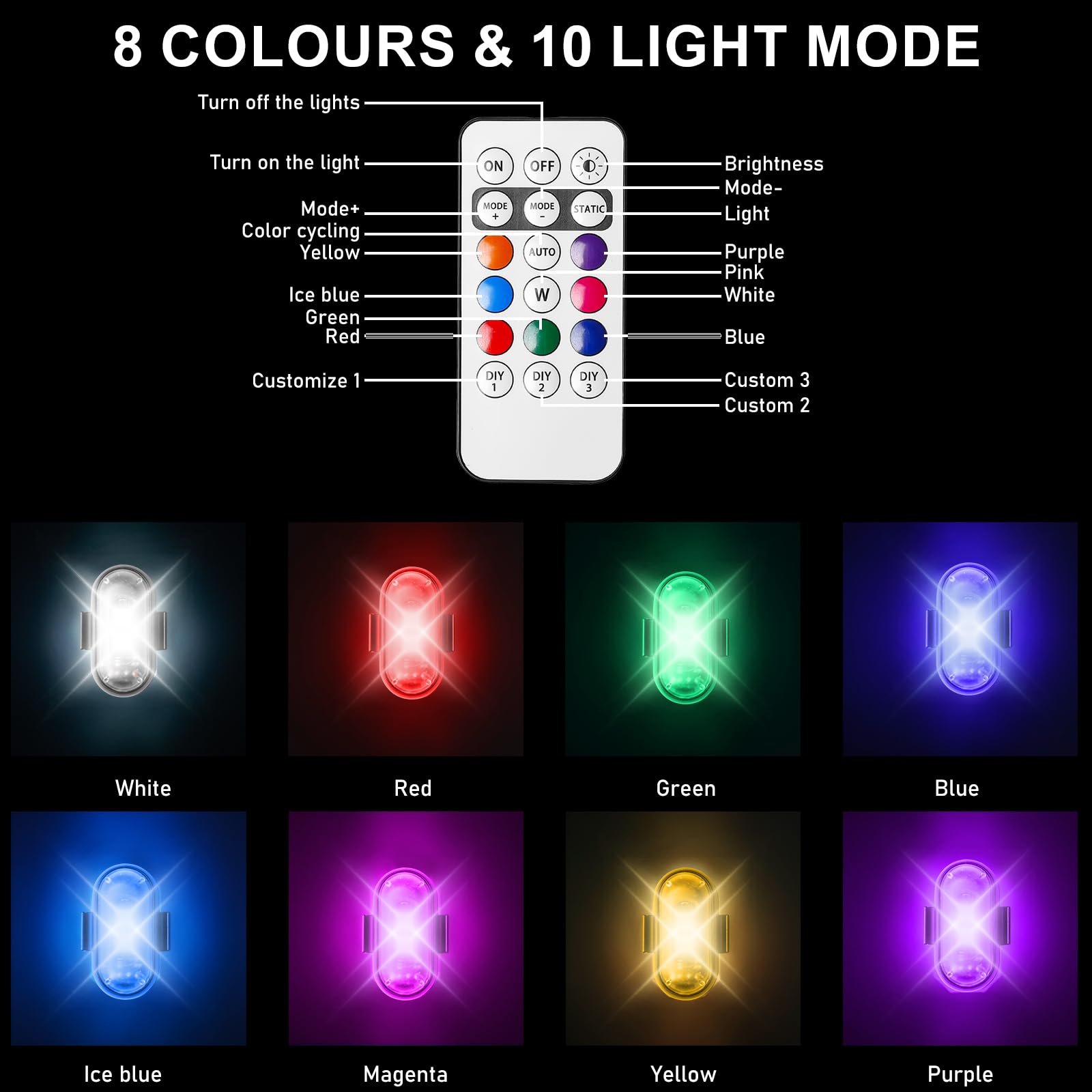Bezprzewodowe światła LED, 4 sztuki, lampa błyskowa LED, 8 kolorów, wodoszczelne, z pilotem zdalnego sterowania, do samochodu, motocykla