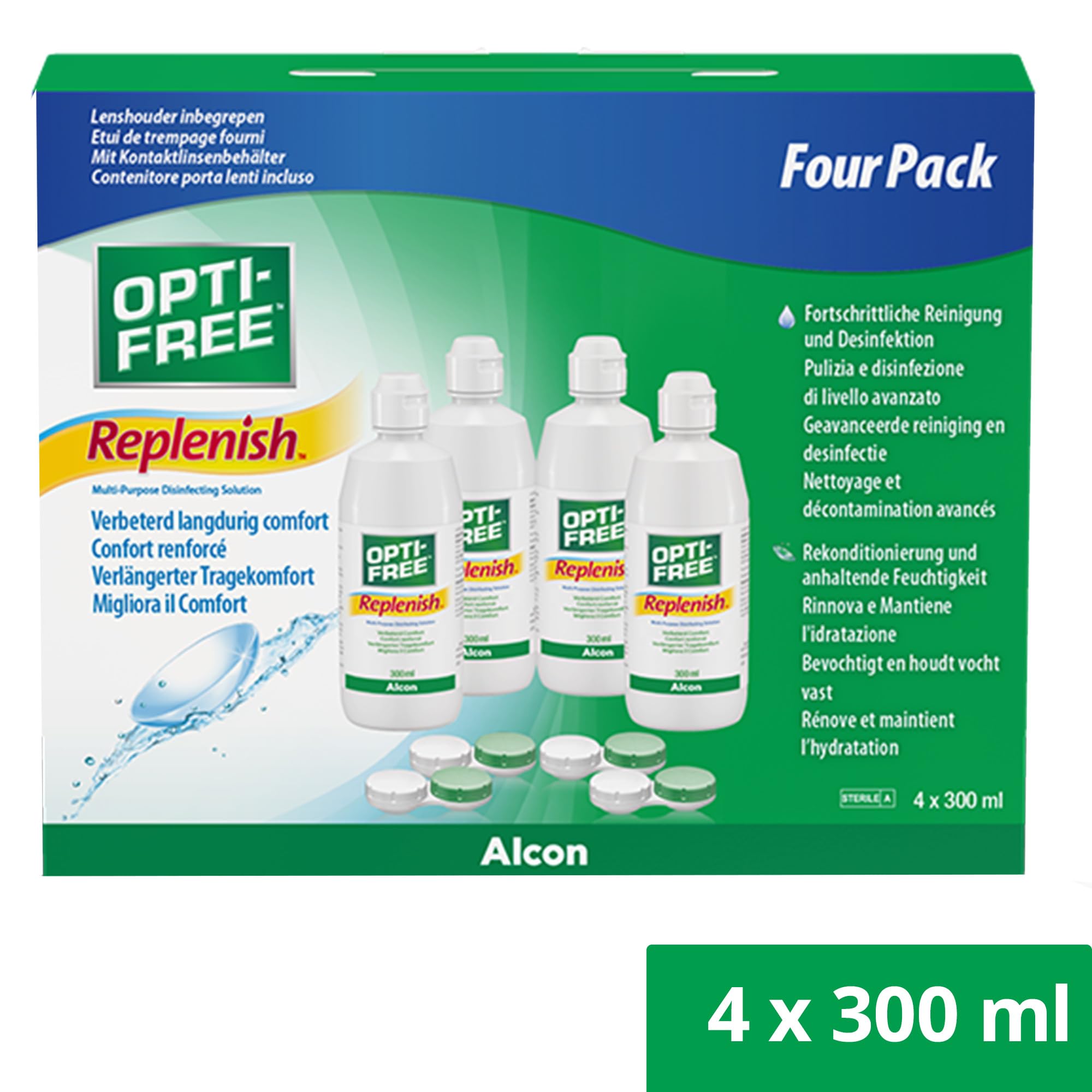 Opti-Free Replenish Kontaktlinsen-Pflegemittel | 4 x 300 ml | Reinigung, Pflege und Desinfektion von weichen Kontaktlinsen mit TearGlyde Technologie für kontinuierliche Feuchtigkeit