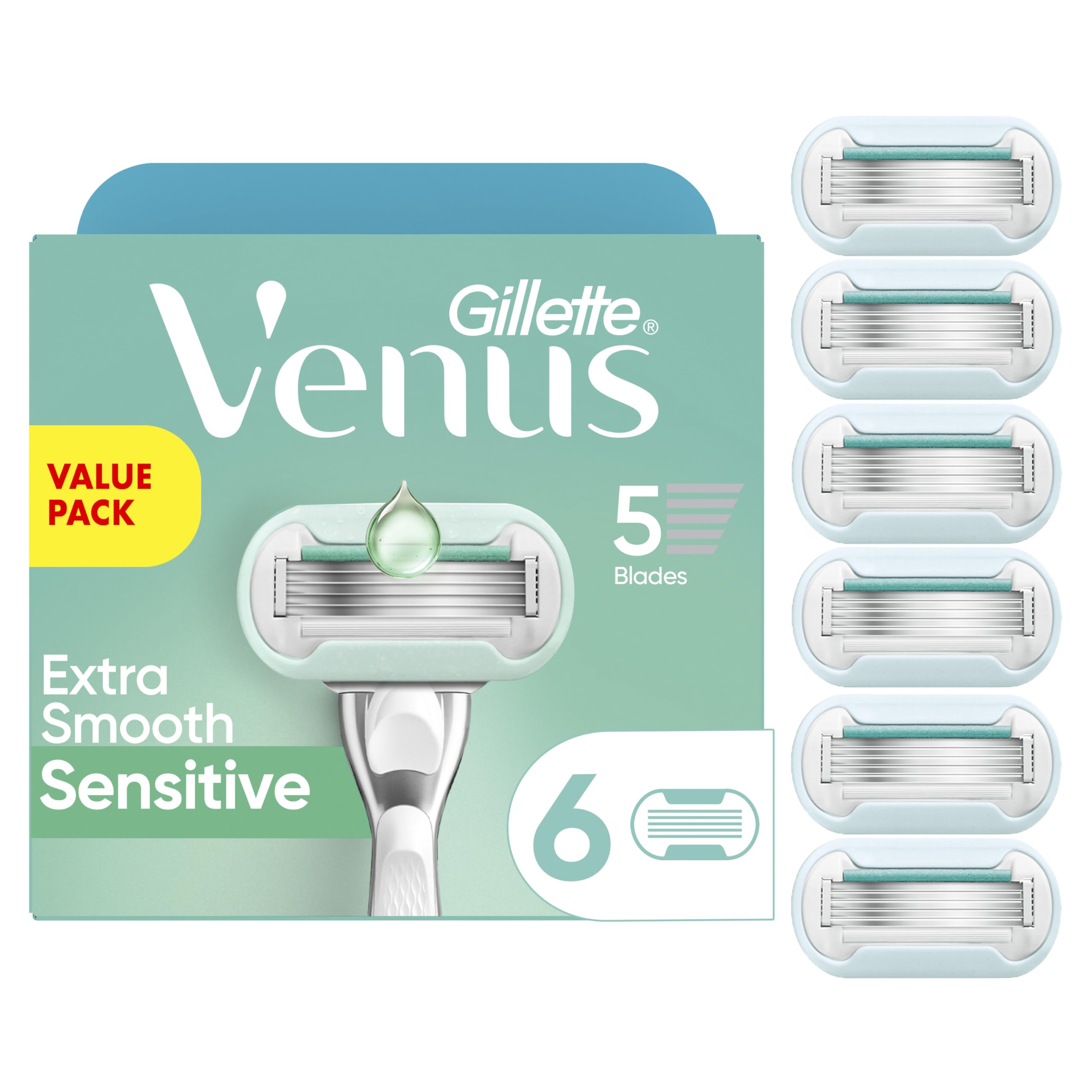 Extra Smooth Sensitive Womens Razor Blade Refills, 6 Count, Designed for Women with Sensitive Skin, BLUE