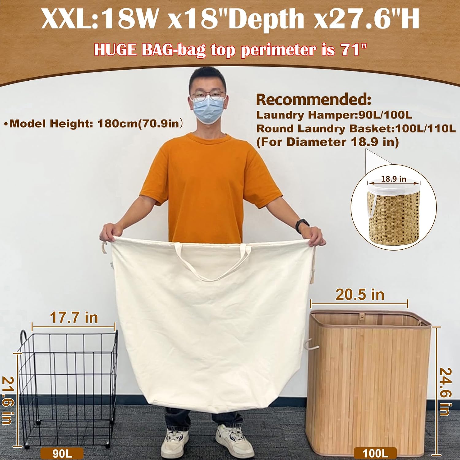 Canvas Laundry Bag with Handles & Square Base, XXL 18"Wx18"Dx27.6"H, Beige image 2