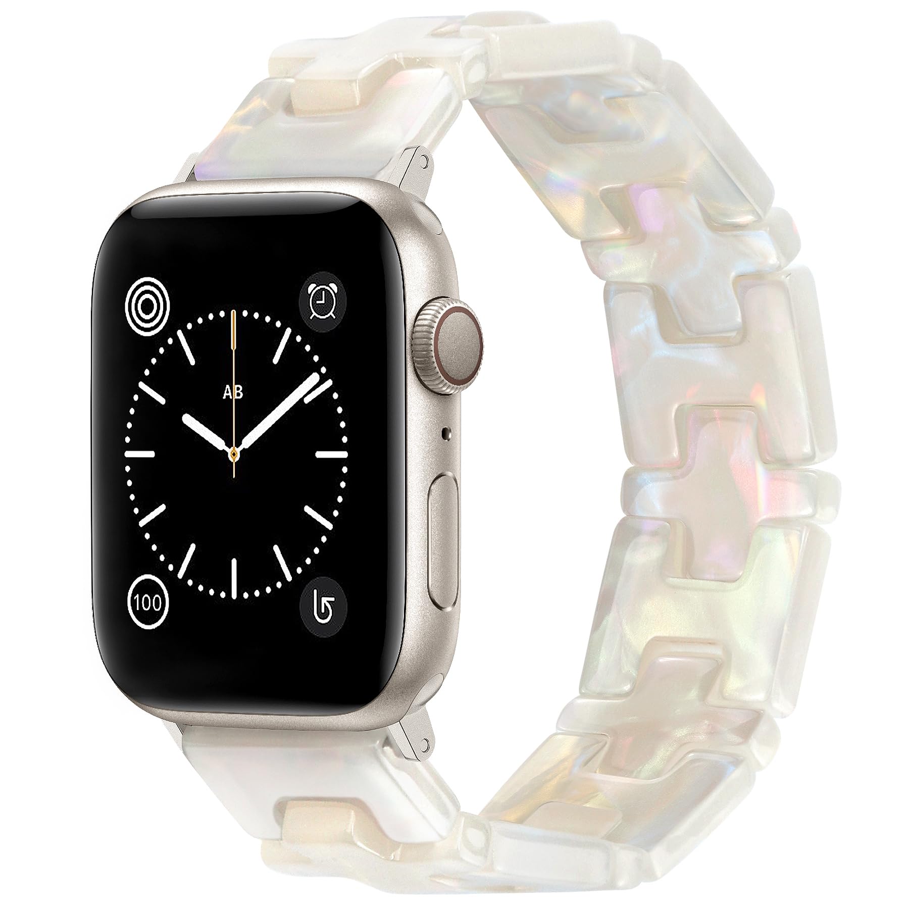 JR.DM Resin Stretchy Watch Band Women Compatible with Apple Watch Band 38mm 40mm 41mm White Tortoise Fancy Beaded Bracelet Light Watch Strap Wristband for iWatch Series 9/8/7/6/5/4/3/2/1/SE/Ultra