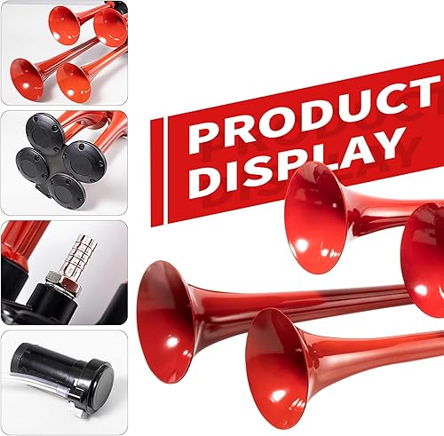 Vista 79 de FARBIN - Bocina de aire de 4 trompetas, 12/24 V, 178 dB, superpotente, incluye solenoide eléctrico, universal, para trenes, camiones, SUV y lanchas