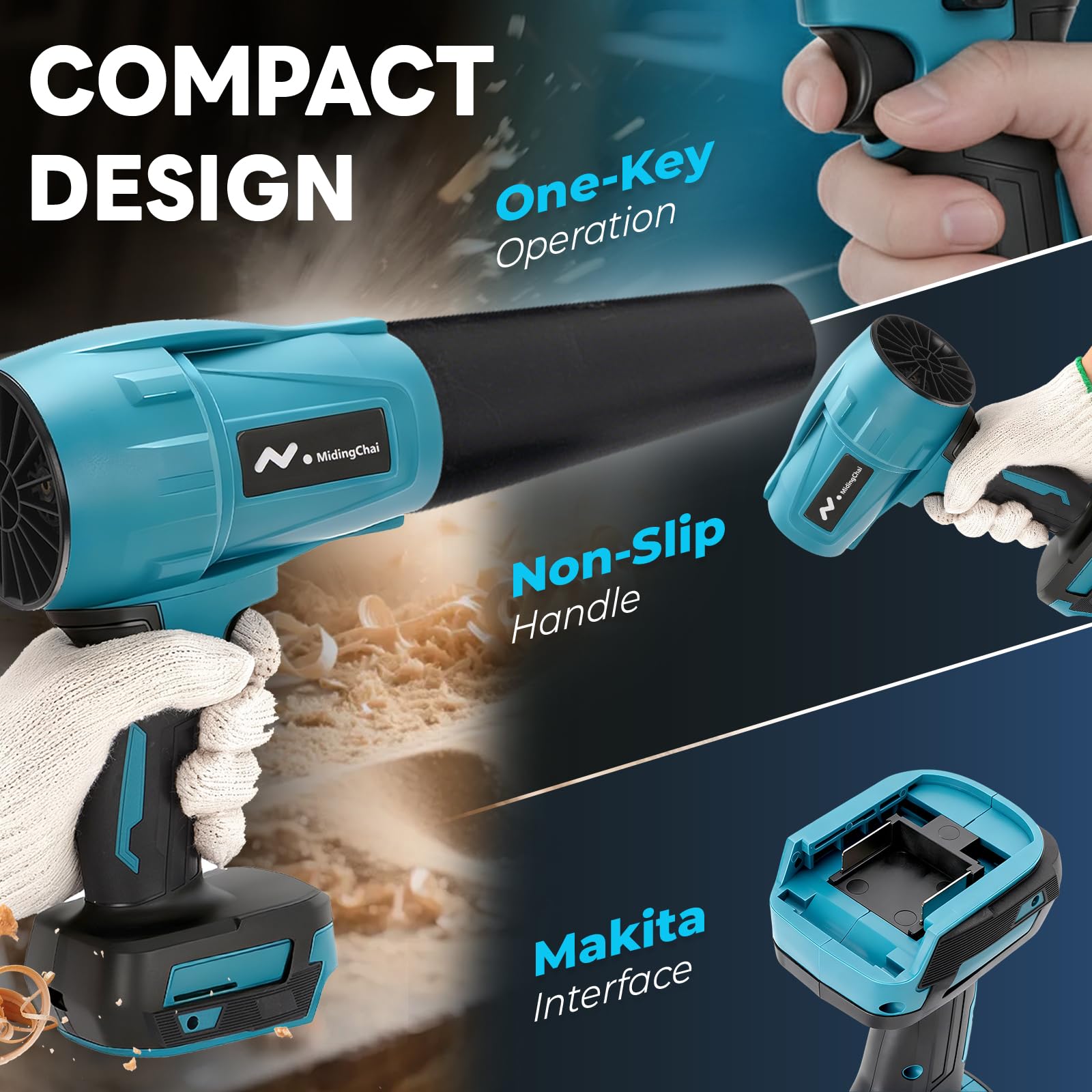 Akku Gebläse Kompatibel mit Makita 18V, Laubbläser Akku mit 3-Düsen, 32000 U/Min, 500g Luftdruck, Handgebläse Stark zum Entfernen von Laub, Schnee, Staub, Autoinnenreinigung (ohne Akku)