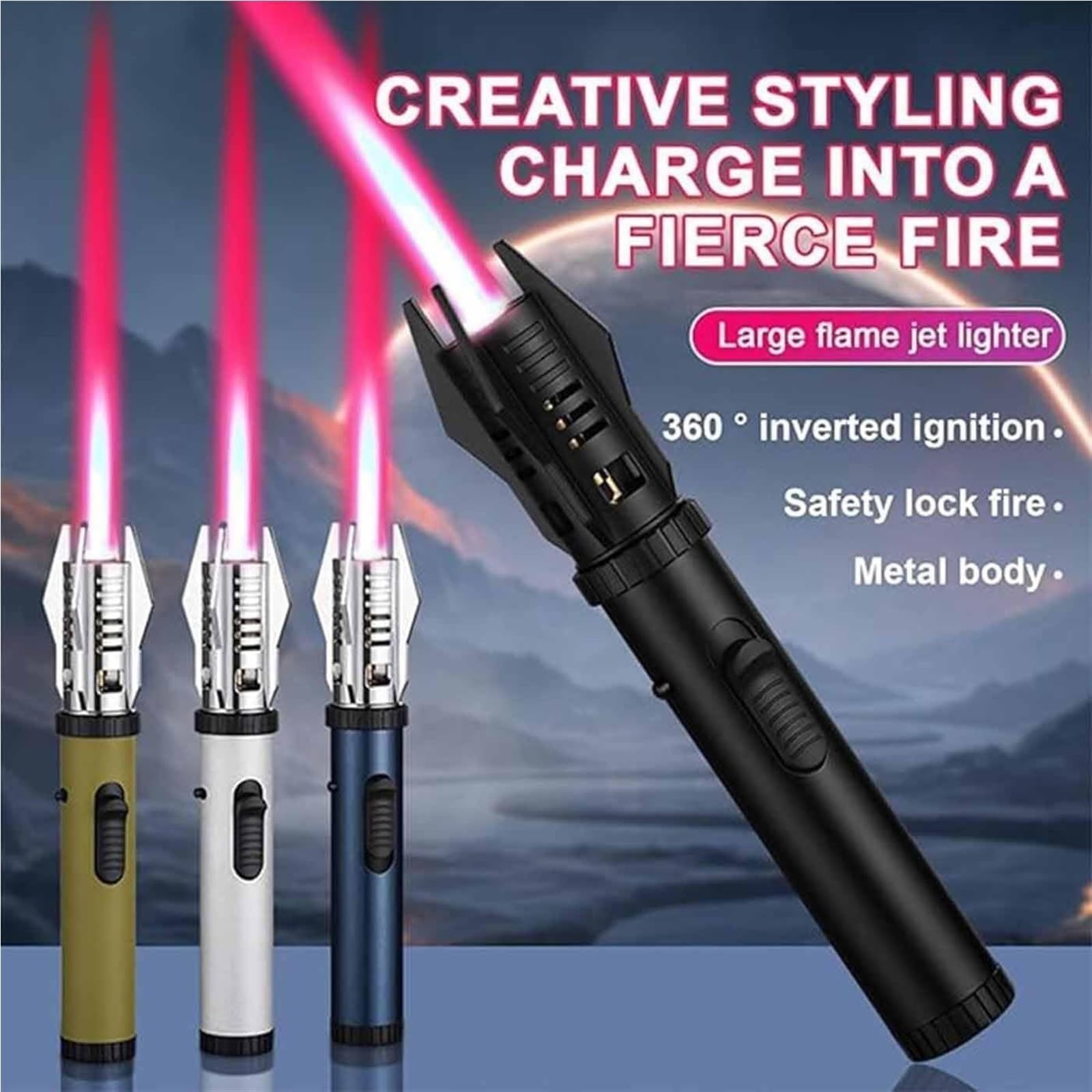 Briquet tempête Jet Flamme gaz butane Rechargeable Flamme réglable Verrouillage de sécurité Utilisation en extérieur Flamme brillante pour la survie et les urgences