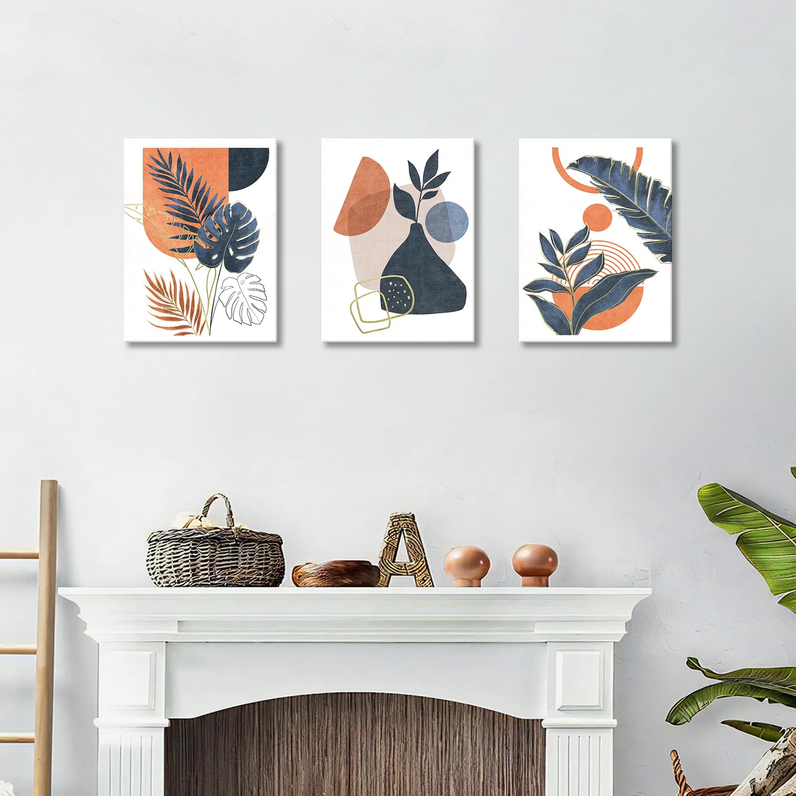 3Pcs Framed Boho Canvas Wall Art, Mid Century Blue Orange Geometric Abstract Plant Leaves Wall Art Modern Home Decor Poster Canvas Painting Wall Decor for Bedroom Living Room Ready to Hang 30x40cmx3 — view 5
