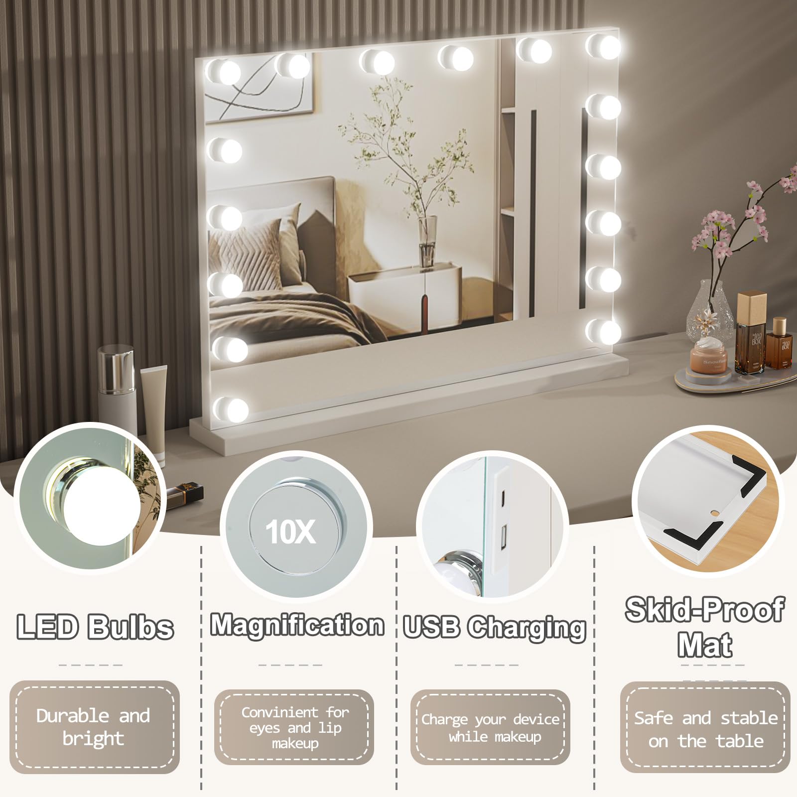 Specchio Trucco con Luci 80 x 62 cm, Specchio Hollywood con 17 LED Regolabili, 3 Modalità, Memoria Intelligente, Controllo Touch, Montaggio a Parete, Bianco