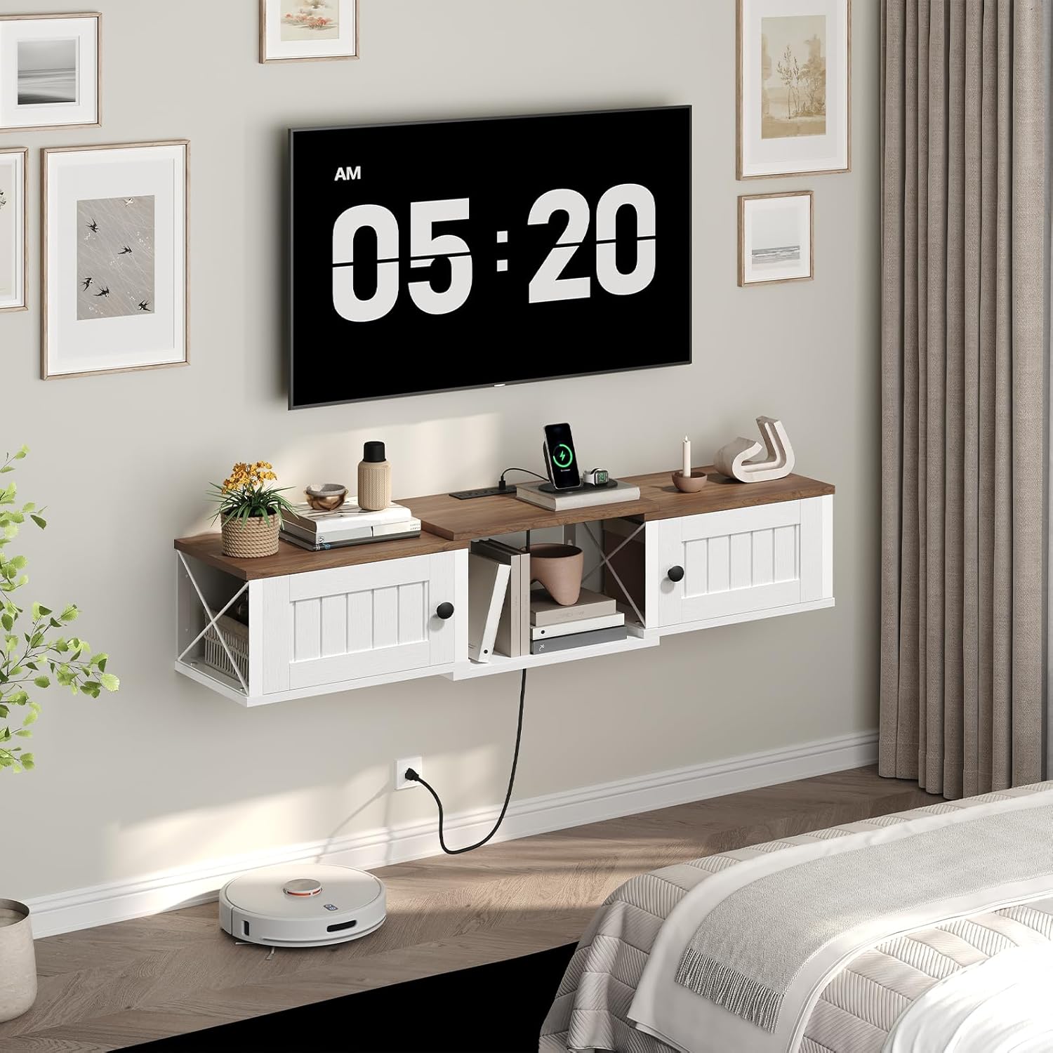 Farmhouse Floating TV Stand with Power Outlet, Wall Mounted Entertainment Center with Doors, Media Console Cabinet with Storage, for Living Room, Bedroom, White and Walnut TVBZ401E01 - Image 3