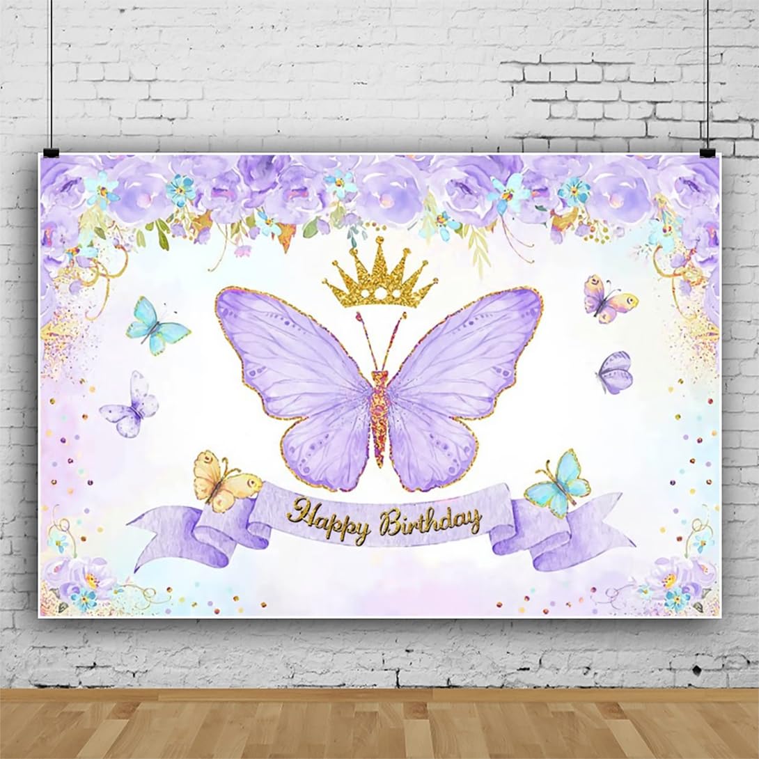 4,5x2,5m Farfalla Sfondo di compleanno Buon compleanno viola farfalla rosa sfondo fotografico Acquerello fiore oro scintillante corona sfondo fotografico per il compleanno delle ragazze