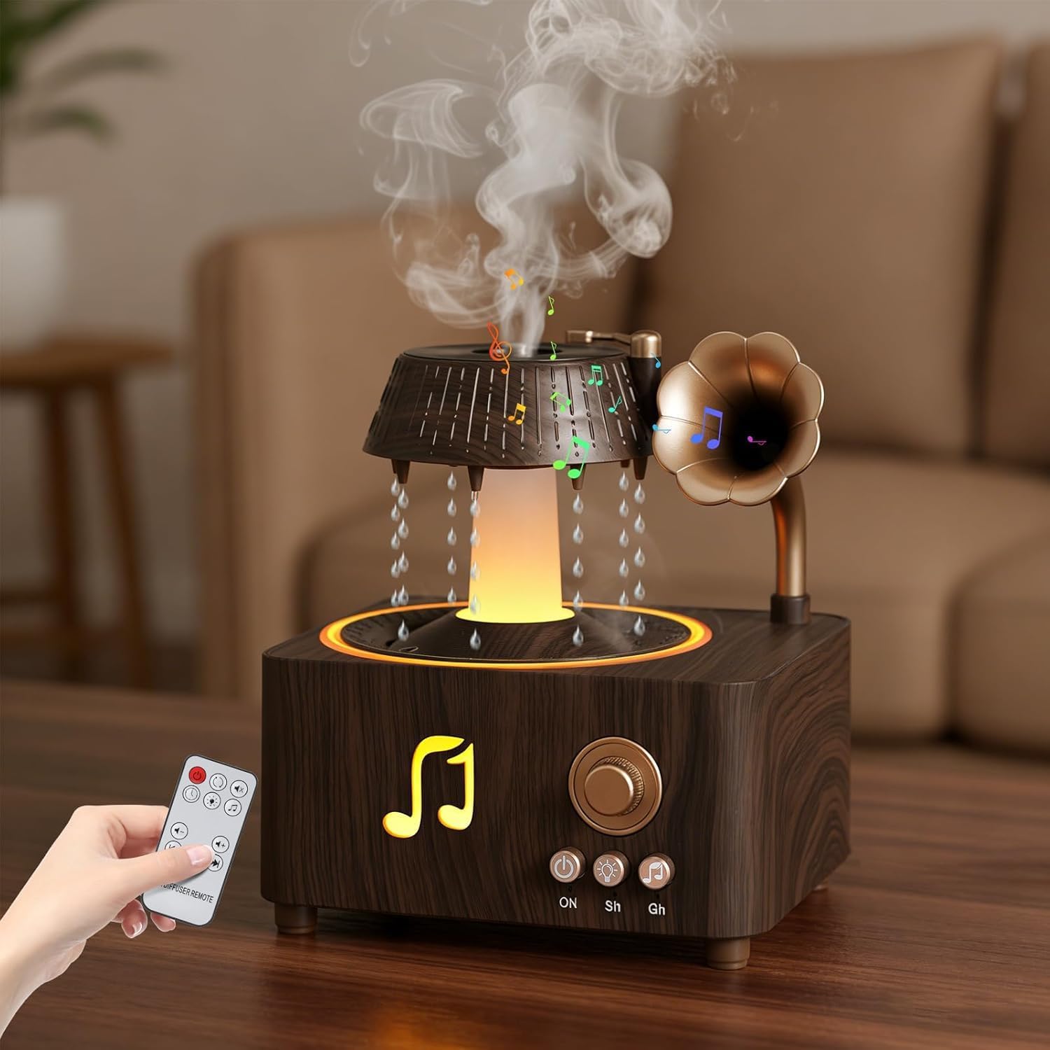 raindrop humidifier, vintage record diffuser with white noise & bluetooth speaker air humidifiers with 7 colorful light quiet aromatherapy diffuser with remote control for home, office