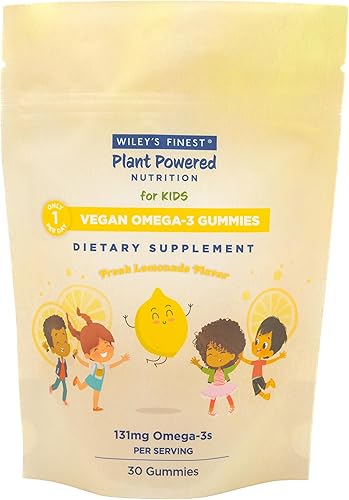 Wiley's Finest Gomitas veganas omega-3 para niños, azúcar natural, DHA, ALA y SDA vegetarianas, sin gluten, sabor a limón, 30 gomitas