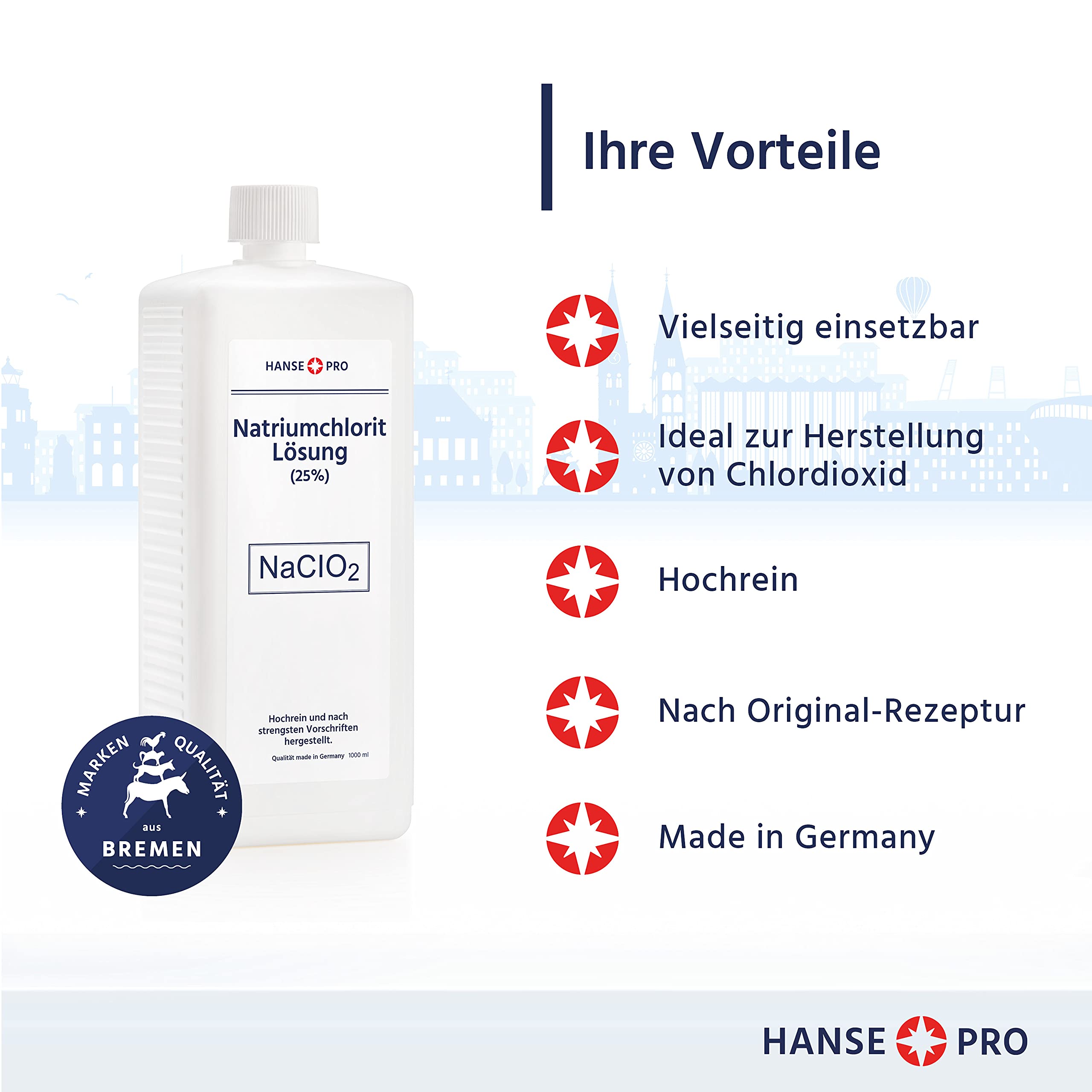 HANSE PRO Natriumchlorit Lösung (25%), 4 x 1000 ml, nach Original-Rezeptur, deutsches Qualitätsprodukt