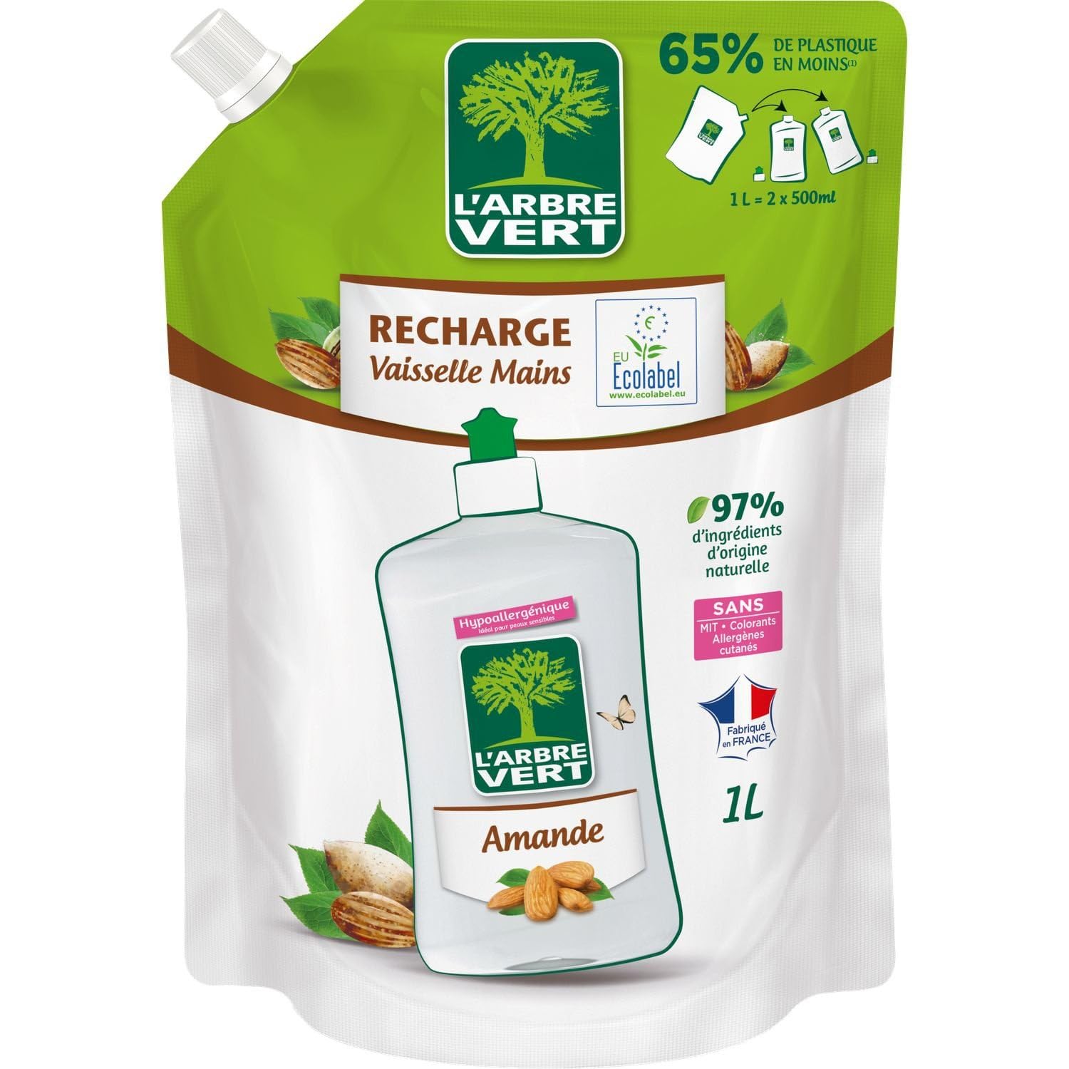 L'ARBRE VERT – Liquide Vaisselle Douceur Amande, Hypoallergénique et Écologique, Recharge 1L - Le Lot De 4