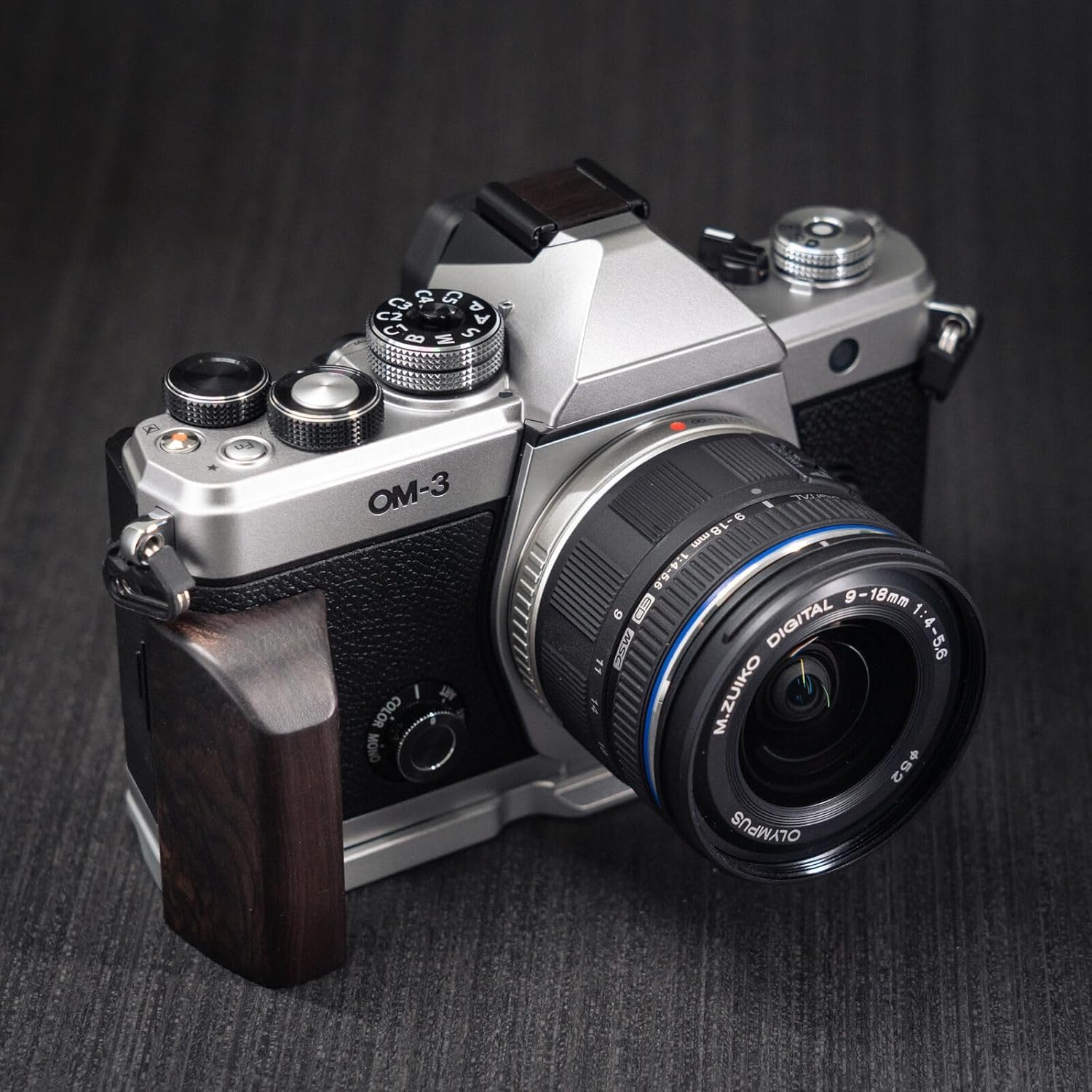 Handmade Wooden Handle Grip L Plate Alloy Base for OM System OM-3 Camera (Ebony + Silver Base)