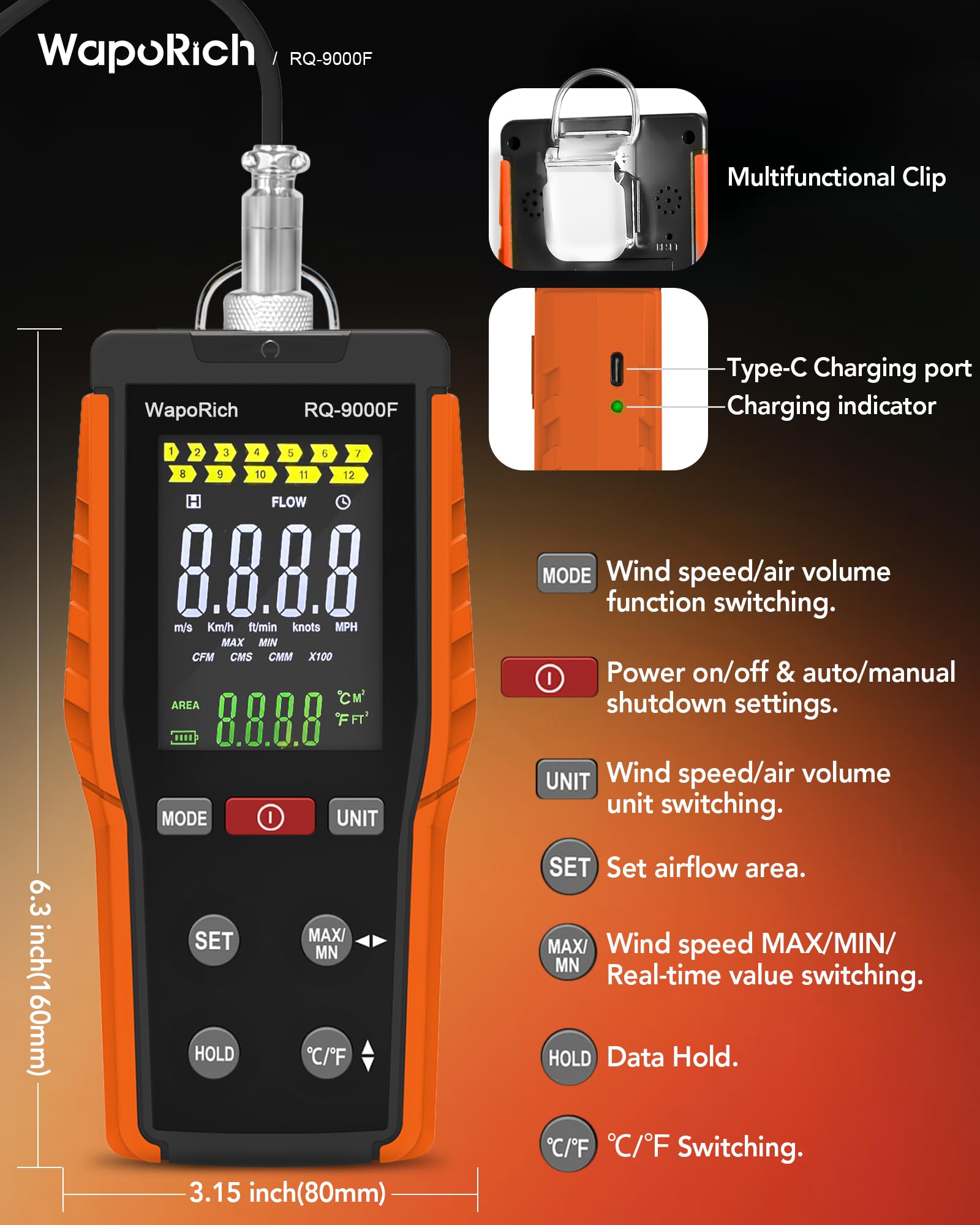 Thermisches Windmesser Windmessgerät, WapoRich Hitzdraht-Anemometer HVAC CFM Meter misst Windgeschwindigkeit, Temp(℃/℉), CMM/CMS/CFM mit MAX/MIN, Data Hold - RQ-9000F