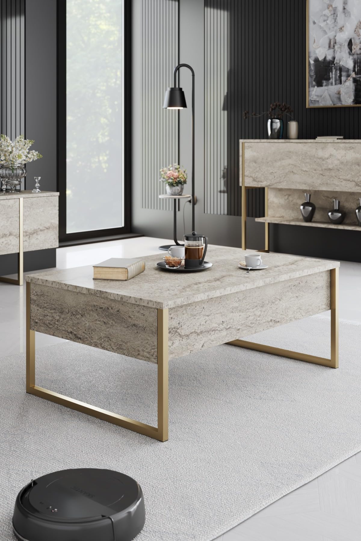 Table à café Hanah Home Travertine et Or 90x60 cm salon