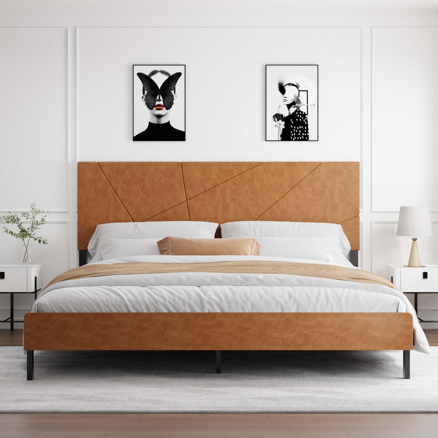 King Size Metal Bed Frame with Headboard Footboard Vintage Brown Square Platform Beds with Metal Slats Support Under