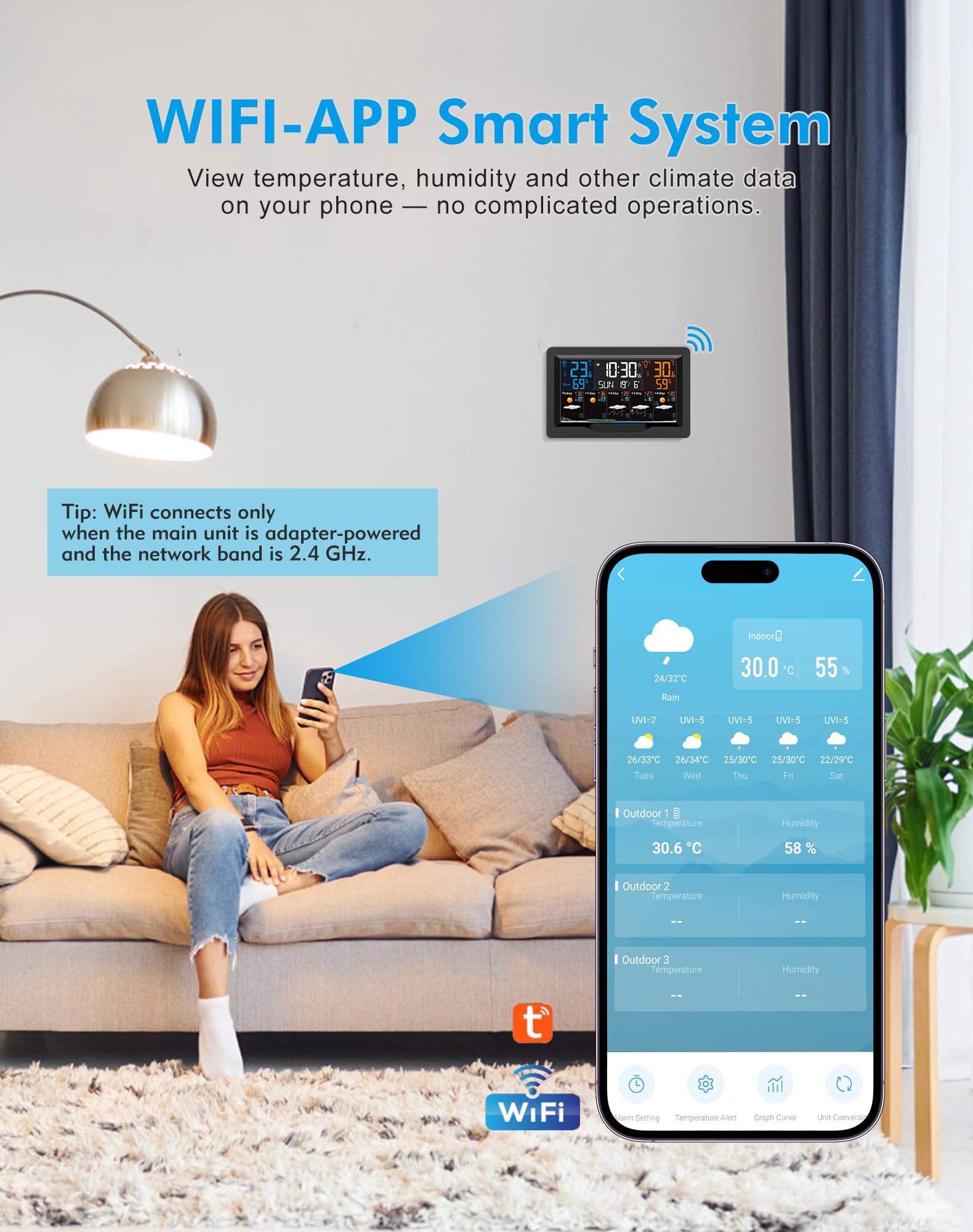 Stacja Pogody z Wewnętrznym Czujnikiem Zewnętrznym, Inteligentną Stacją Pogodową WiFi, Kolorowym Wyświetlaczem z Temperaturą, Wilgotnością, Czasem, Budzikiem, Prognozą Pogody, Alarmem