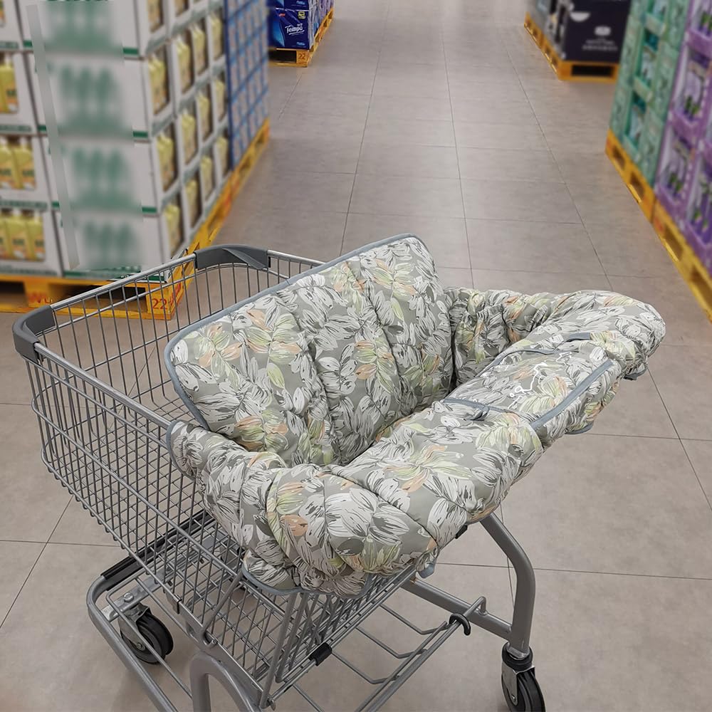 Shopping Cart Cover for Baby boy Girl, Multi-in-1 Cart Covers for Babies, Soft Padded Infant High Chair Cover, Machine Washable, Grocery cart seat Cushion Cover Grey Leaves