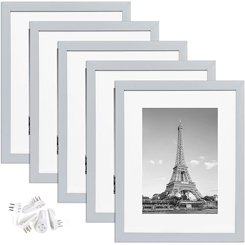 upsimples 11x14 Picture Frame Set of 5, Display Pictures 8x10 with Mat or 11x14 Without Mat,Wall Gallery Photo Frames, Light Gray