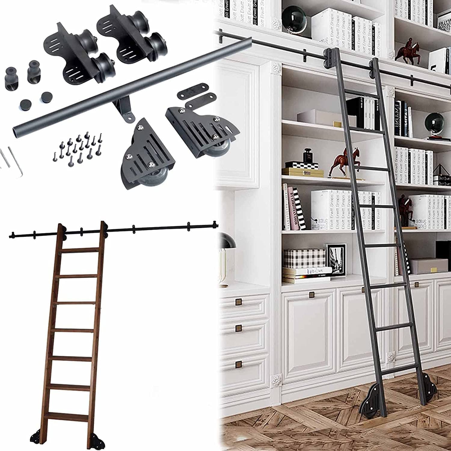 Mobile ladder track， Kit 3.3ft-26.2ft,Black Steel Round Tube Mobile Ladder Track,for Library/Loft