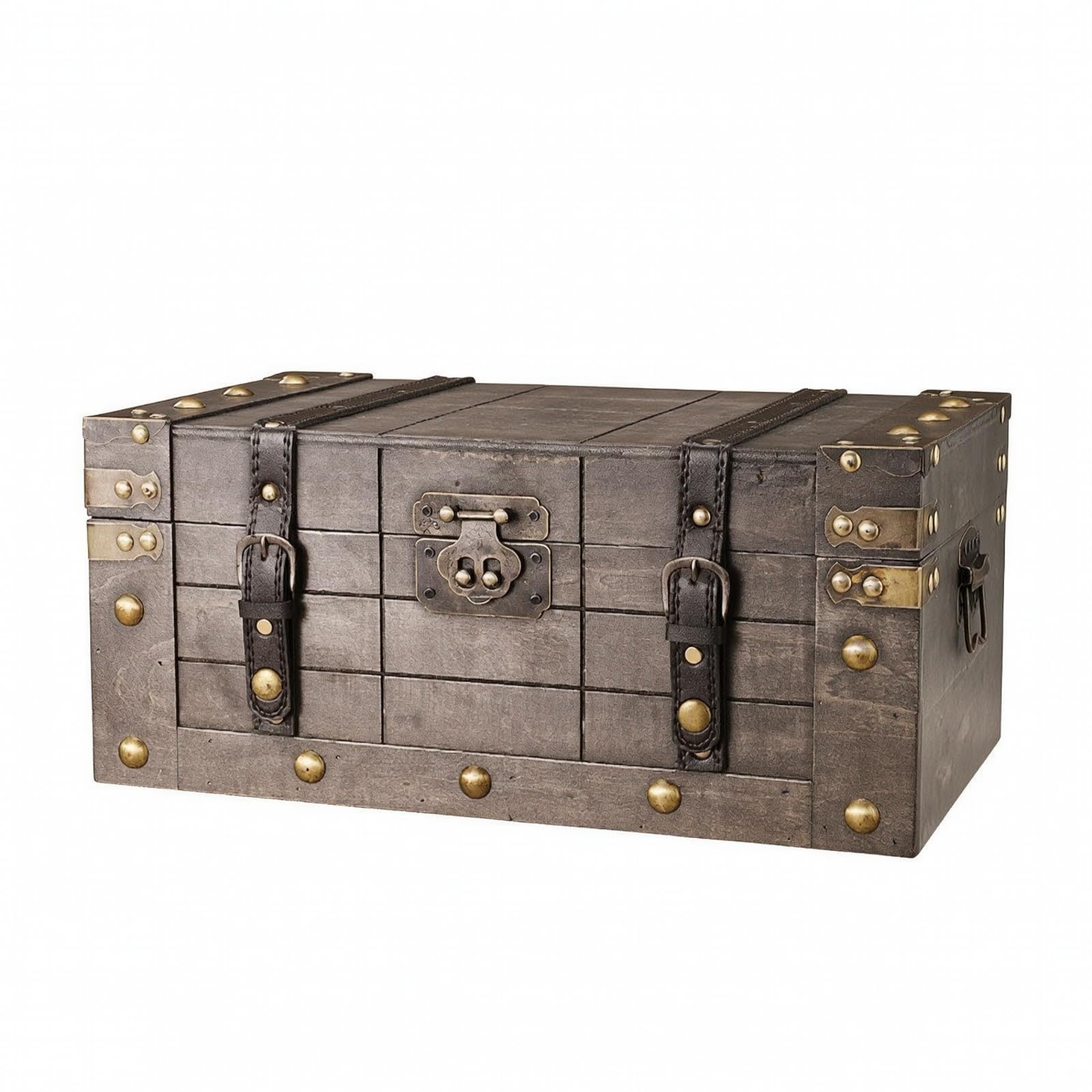 Baoblaze Baúl Antiguo de Madera Caja Contenedor Decorativo con Tapa Abatible Madera con Pátina Verdosa Correas y Remaches Cierres Metálicos Asas Laterales, Verde Envejecido, Grande