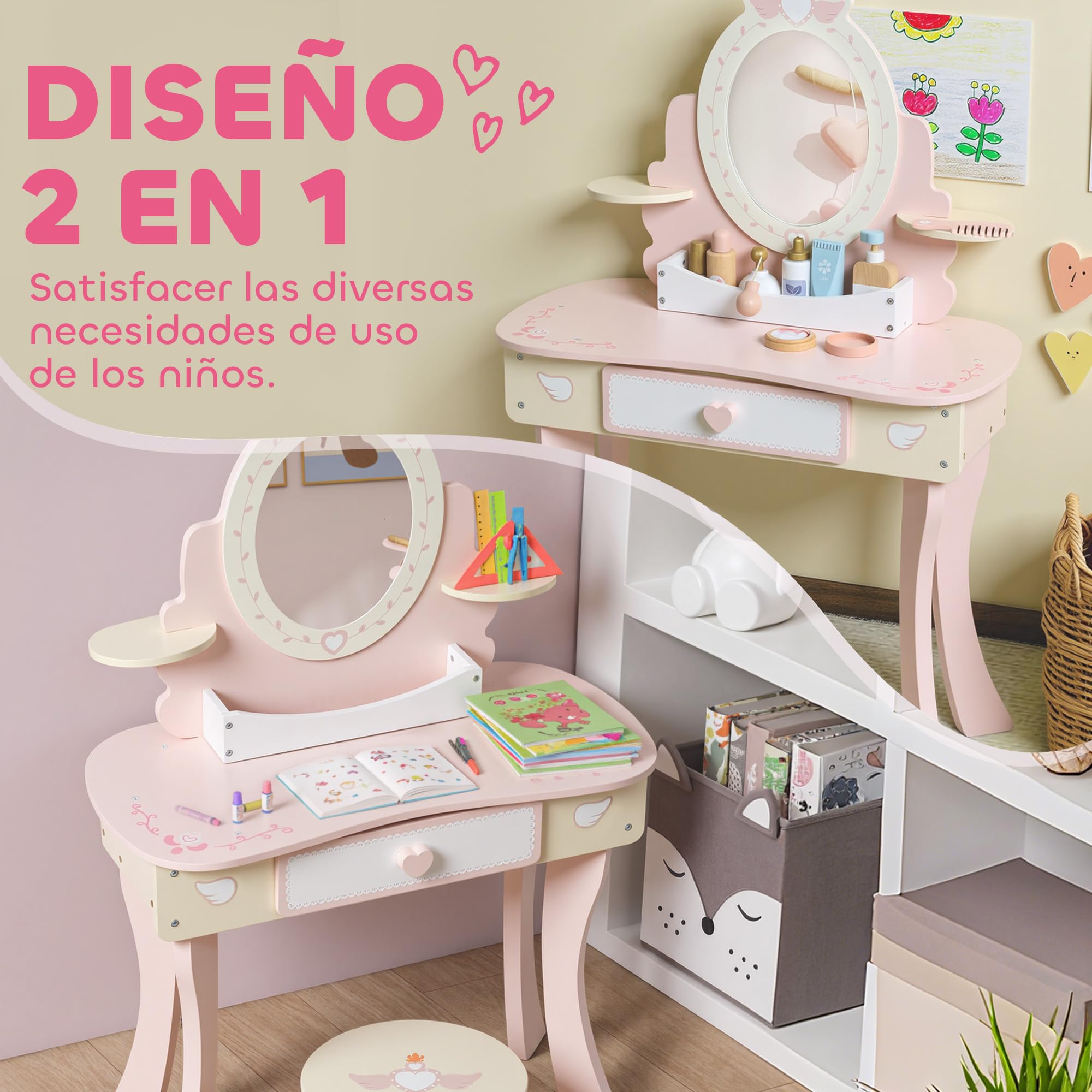 AIYAPLAY Tocador para Niñas, Tocador de Maquillaje Niñas, 2 en 1, Escritorio, con Taburete, Espejo, Cajón, 7 Accesorios, a Partir de 3 Años, Rosa