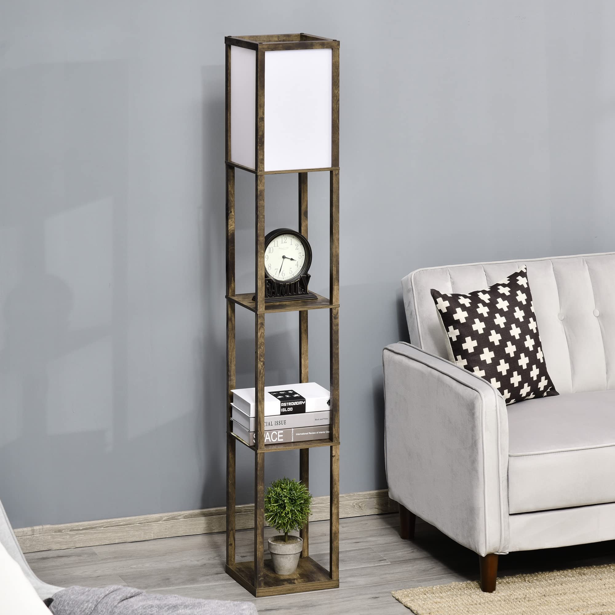 HOMCOM Lampada da Terra Piantana 40W con 3 Scaffale, Attacco E27, Lampada da Pavimento Moderno con Paralume in Acrilico, Soggiorno, Salotto, Camera da Letto, Studio, Ufficio, 26x26x160cm, Color Legno