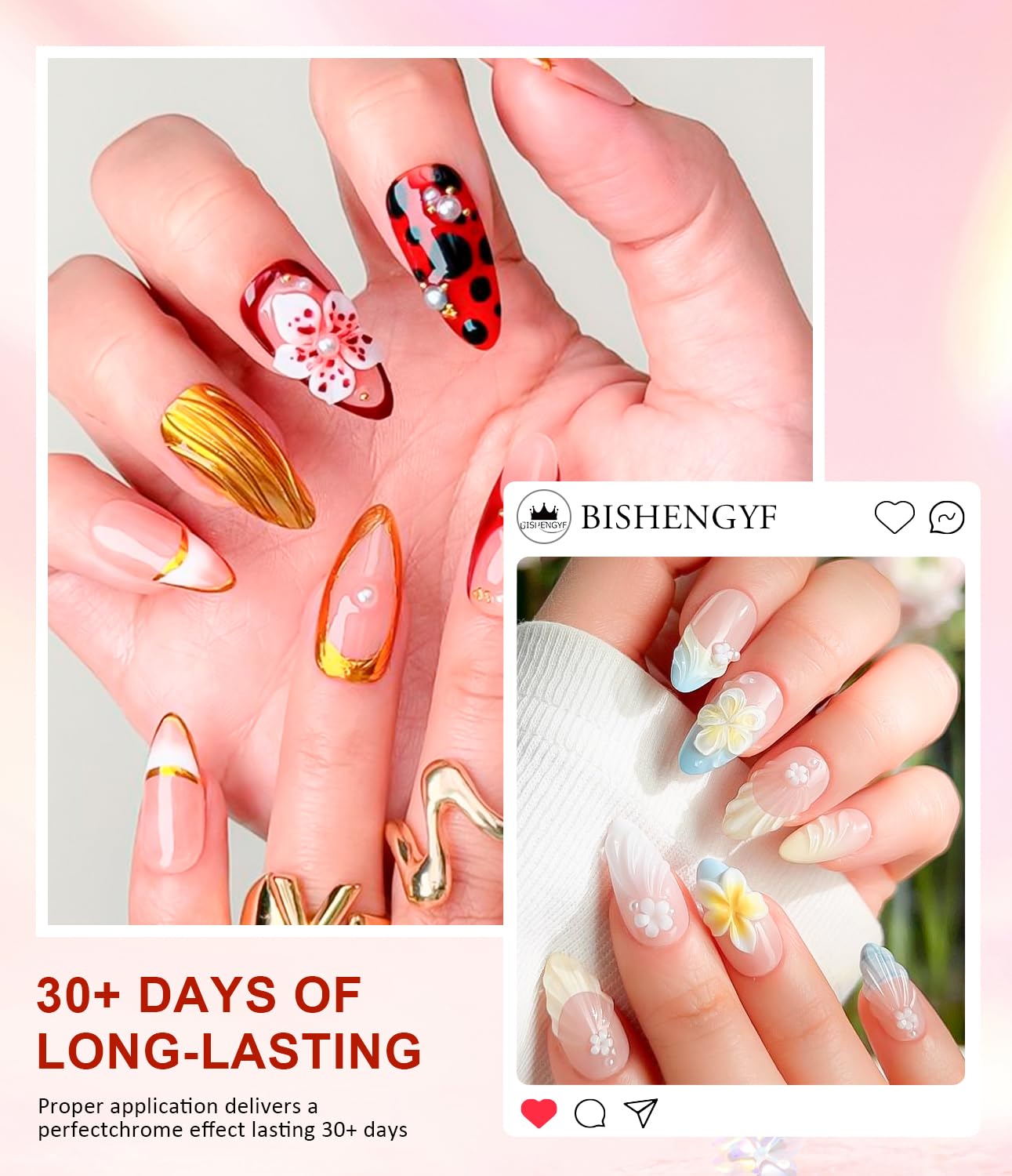 BISHENGYF 30G No Wipe 3d Nail Gel And Gold Chrome Nail Powders:Yellow/Silver Magic 6pcs Mirror Effect Pink Pearl Chrome Nail Powder,5d Embossed 3d gel for nails Art Decoration Home - Image 4