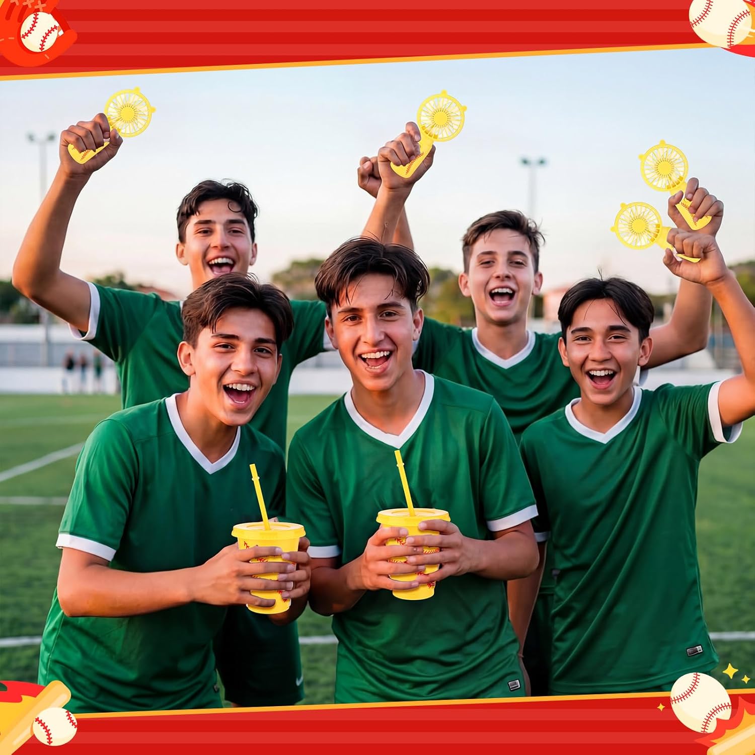 32 Pcs Softball Party Favors 16 Softball Handheld Fan and 16 16oz Plastic Tumblers with Lids and Straws Mini Portable Fans Cups Bulk for Softballs Team Gifts Sport Party (Yellow, Cute Style)